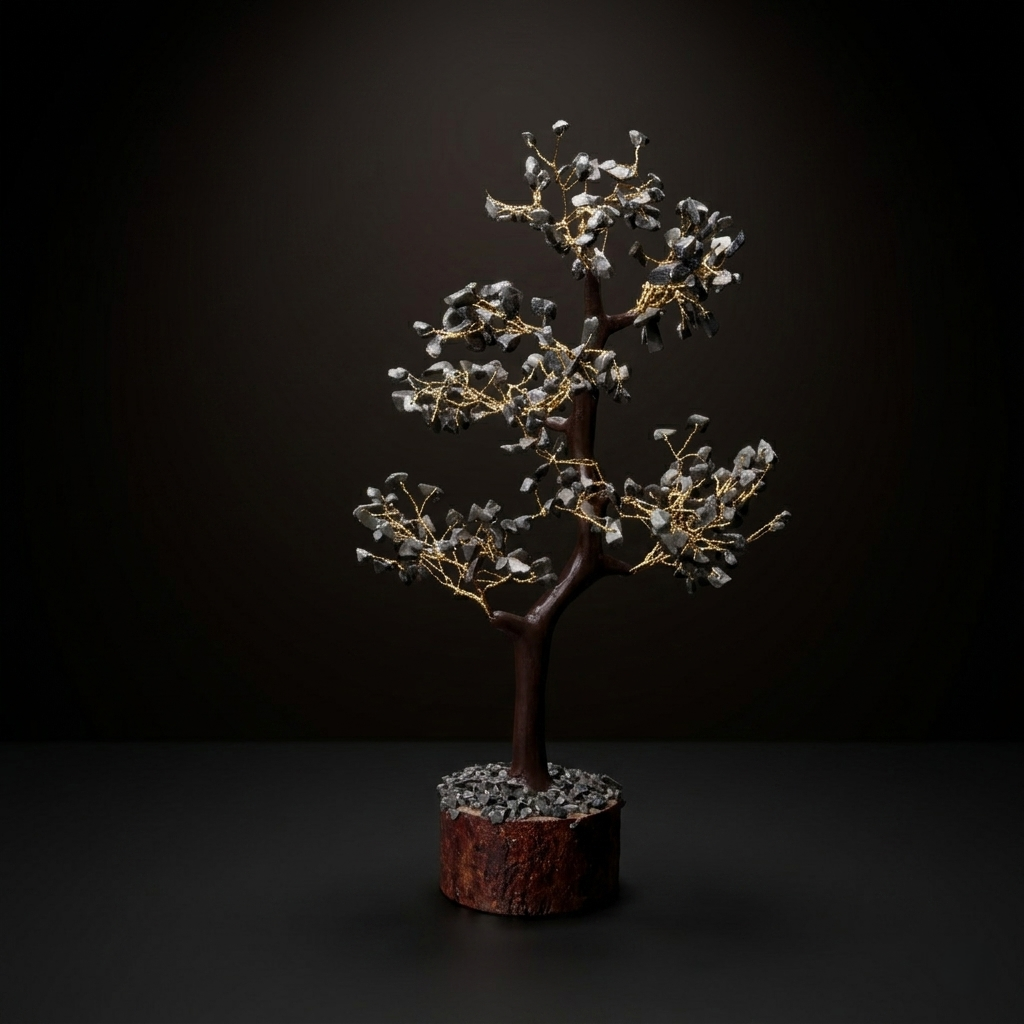 Grey stone chip bonsai tree on rustic log on luxury walnut desk in dark study