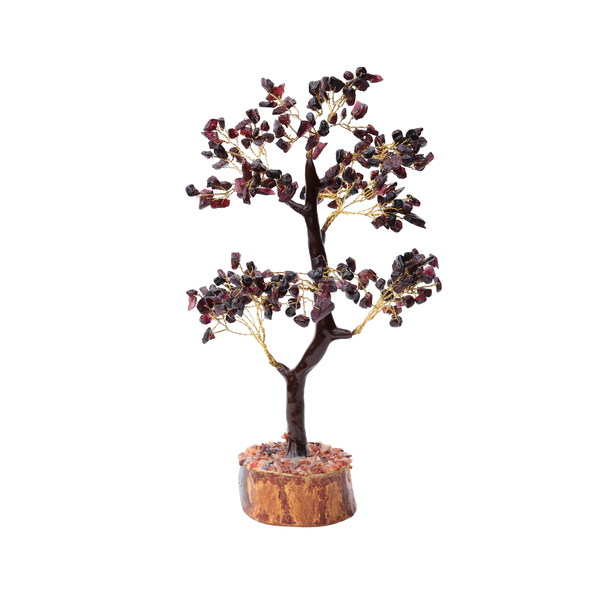 AstroViz garnet gemstone chip decorative bonsai tree with two-tier gold wire branches and warm stone chip wood slice base, black background--1