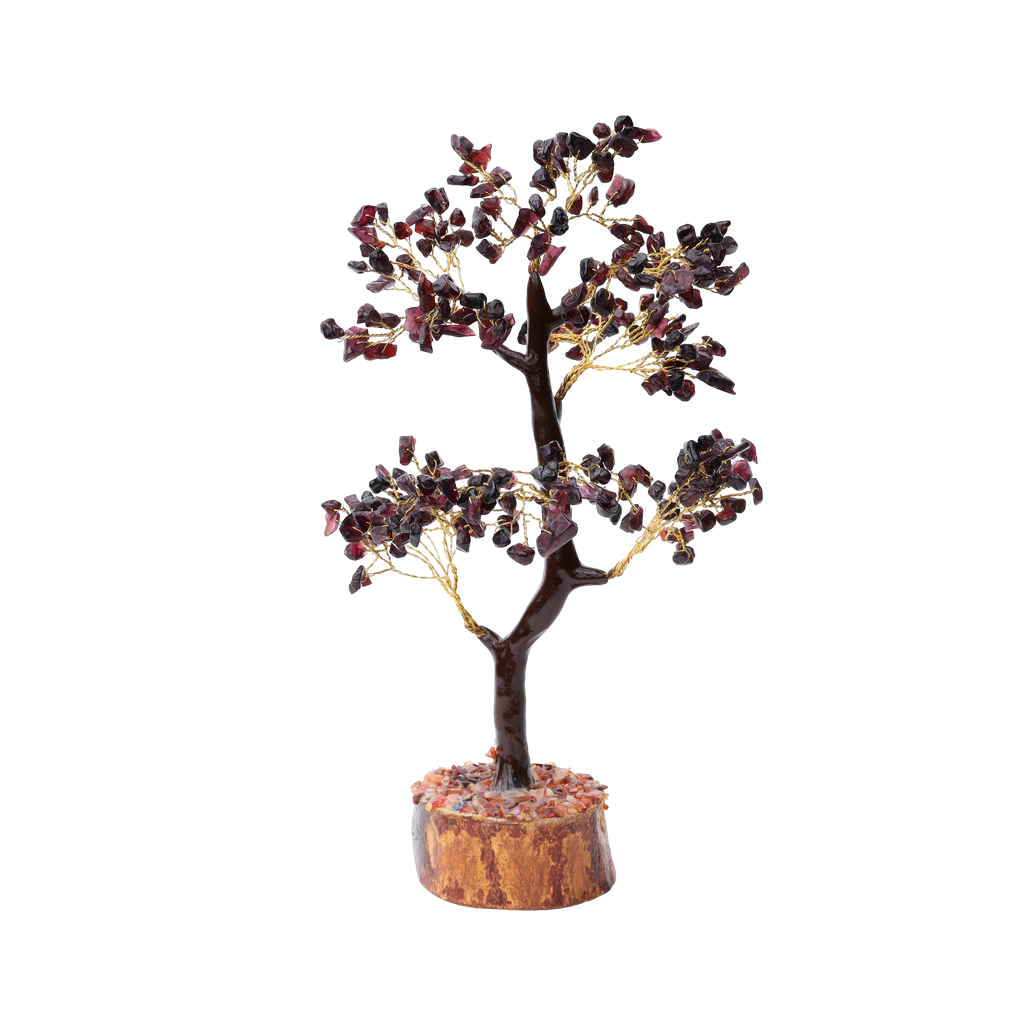 AstroViz garnet gemstone chip decorative bonsai tree with two-tier gold wire branches and warm stone chip wood slice base, black background