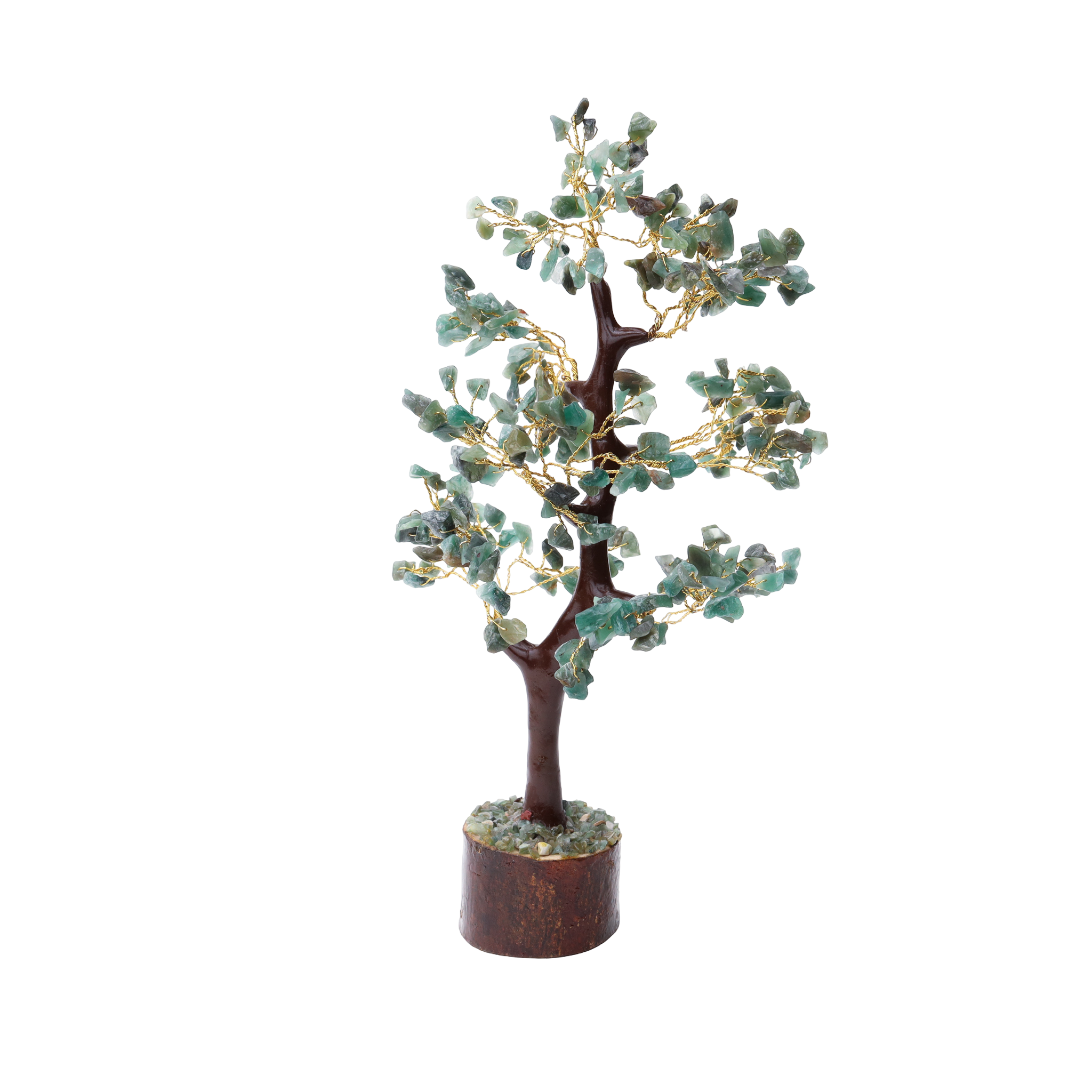 AstroViz Natural Green Aventurine Crystal Tree with mint green gemstone chips on gold wire three-tier branches and wooden log base —isolated on black background--1