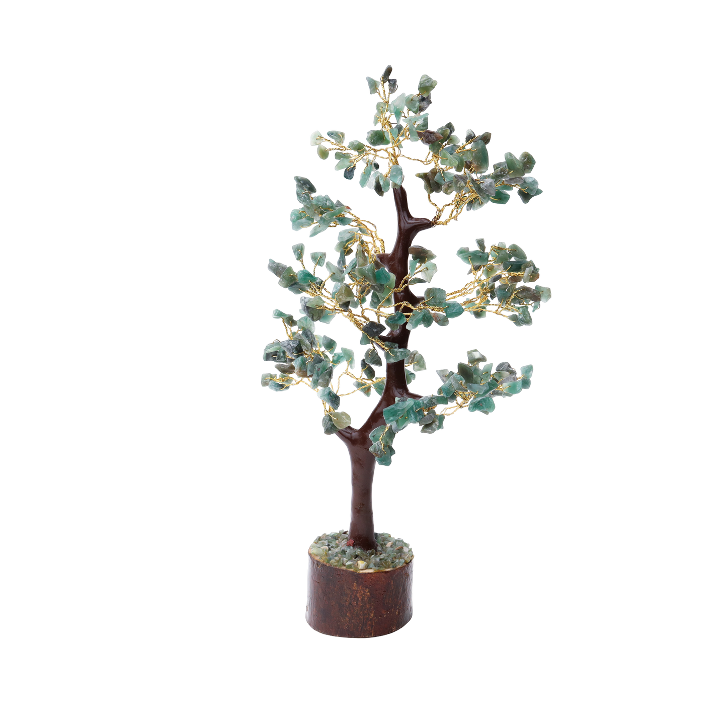 AstroViz Natural Green Aventurine Crystal Tree with mint green gemstone chips on gold wire three-tier branches and wooden log base —isolated on black background