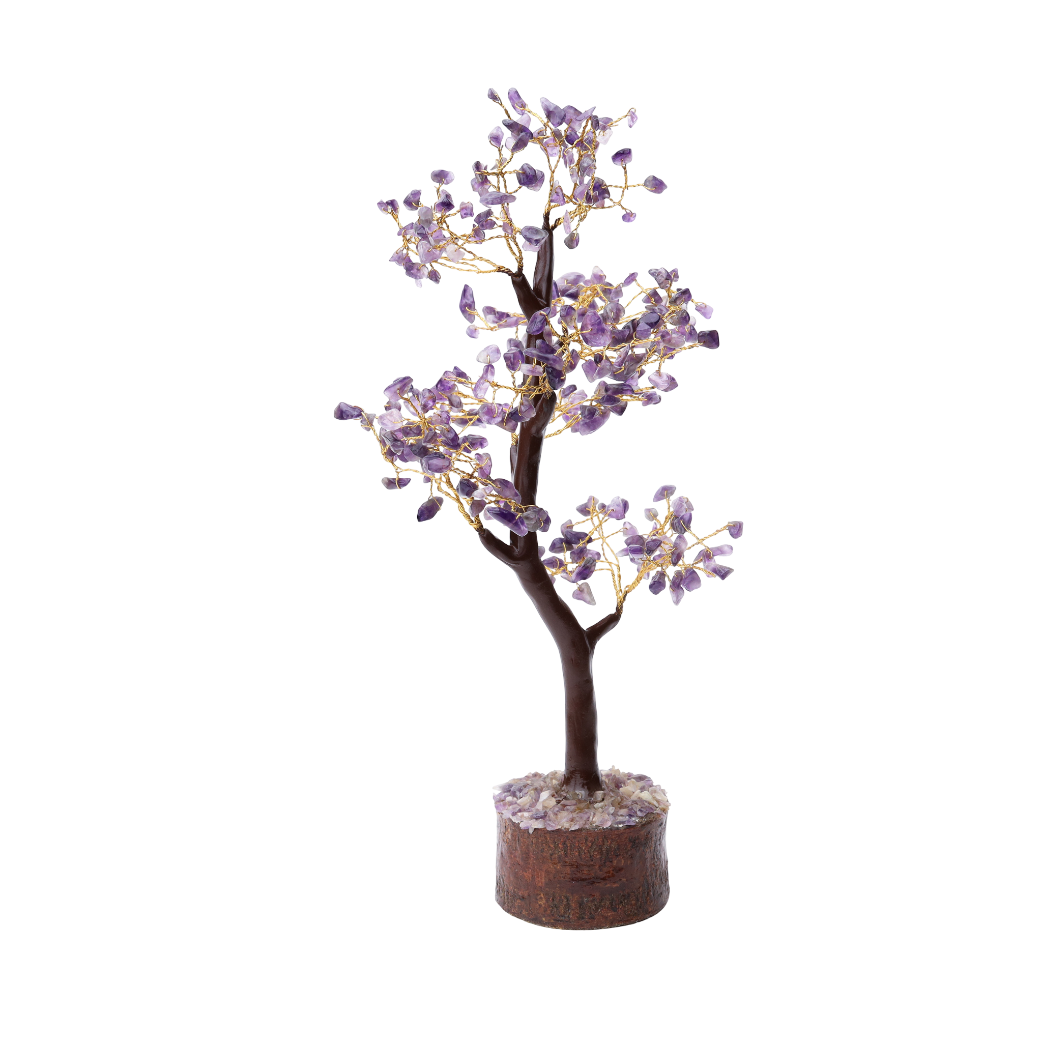 AstroViz Natural Amethyst Crystal Tree with soft lavender purple gemstone chips on gold wire branches and wooden log base with amethyst filling — black background--1