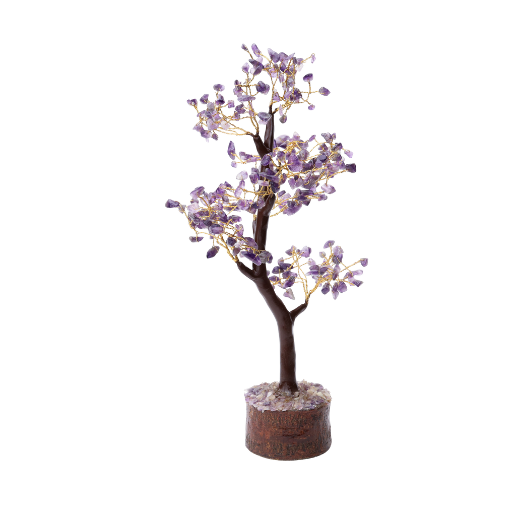 AstroViz Natural Amethyst Crystal Tree with soft lavender purple gemstone chips on gold wire branches and wooden log base with amethyst filling — black background