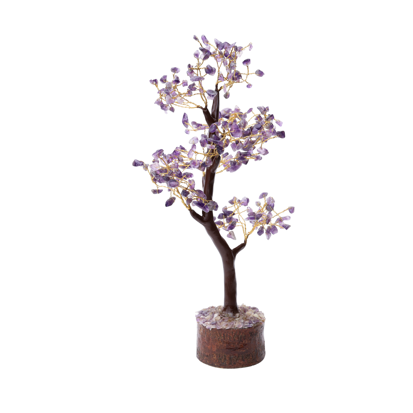 AstroViz Natural Amethyst Crystal Tree with soft lavender purple gemstone chips on gold wire branches and wooden log base with amethyst filling — black background