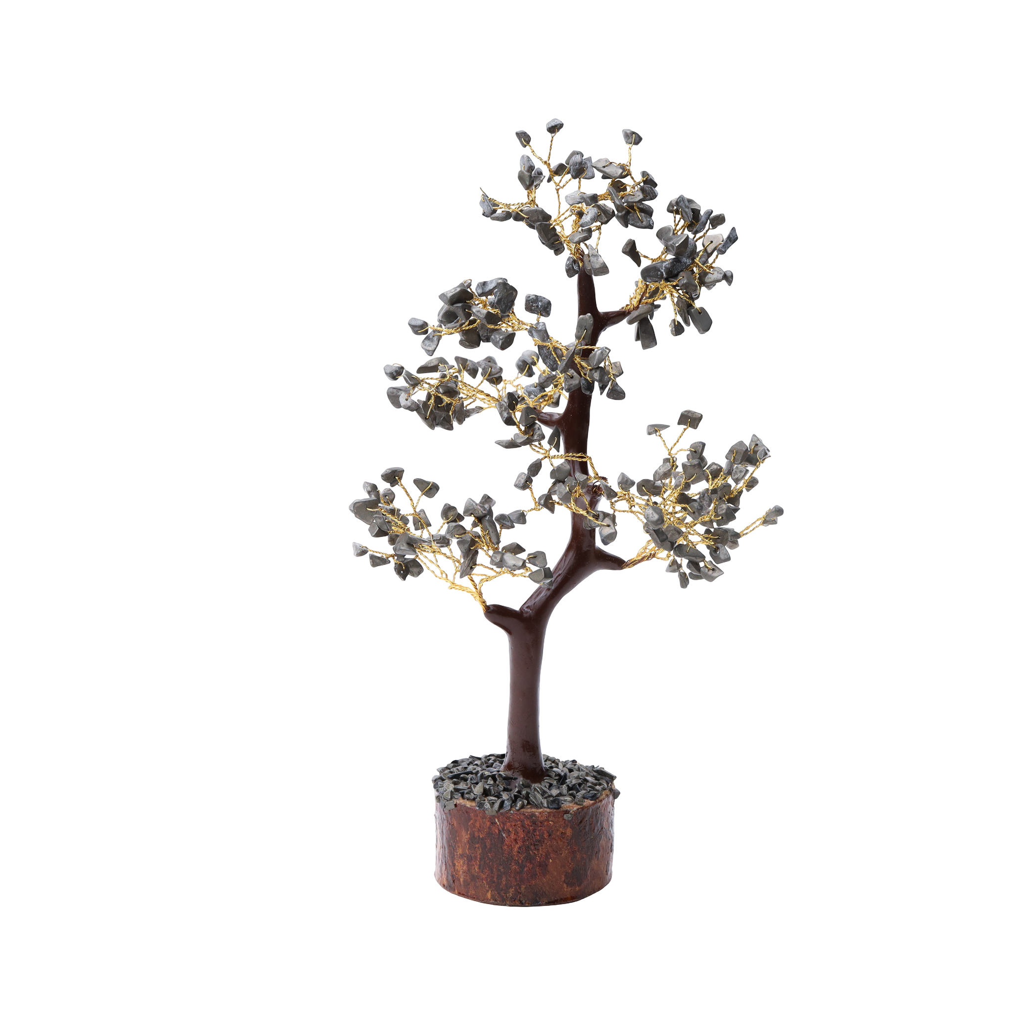 AstroViz Natural Labradorite Crystal Tree with cool grey blue-grey gemstone chips on gold wire branches and wooden log base with dark stone filling — black background
--1