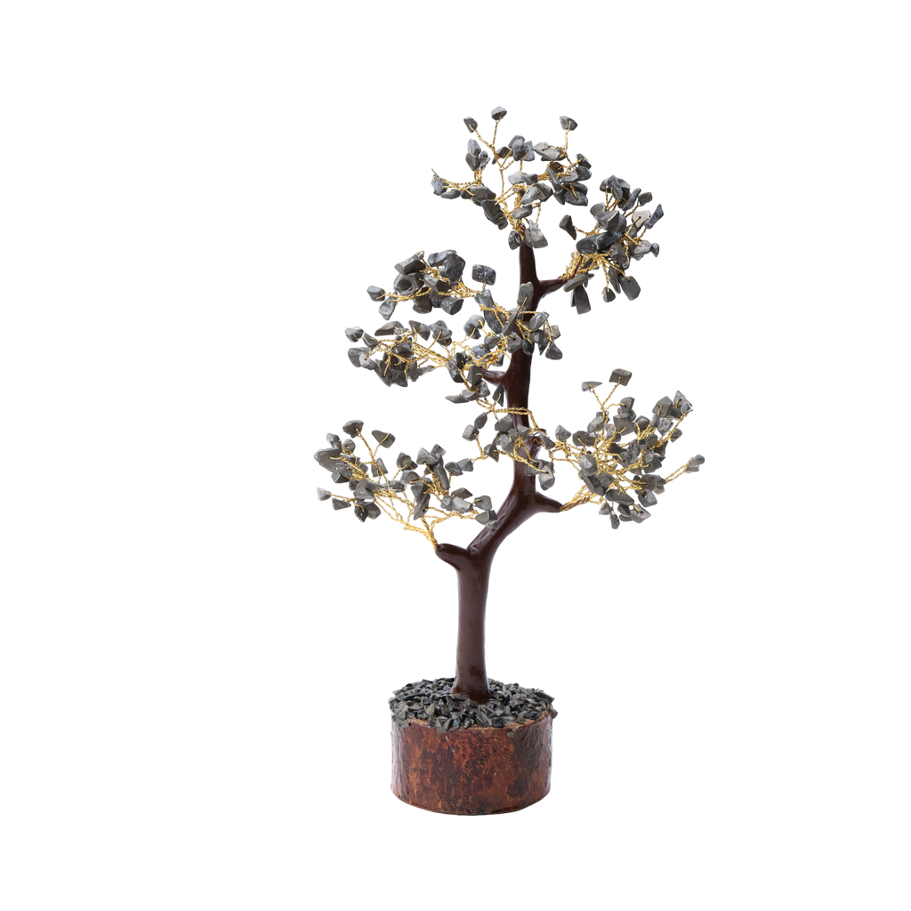 AstroViz Natural Labradorite Crystal Tree with cool grey blue-grey gemstone chips on gold wire branches and wooden log base with dark stone filling — black background
