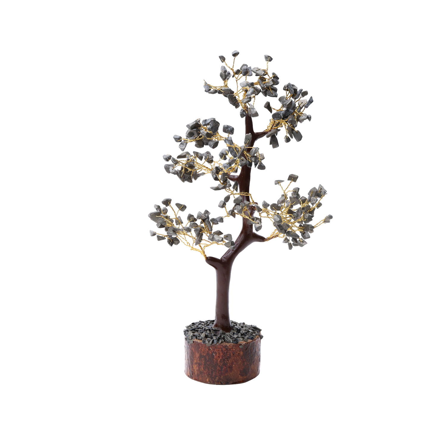 AstroViz Natural Labradorite Crystal Tree with cool grey blue-grey gemstone chips on gold wire branches and wooden log base with dark stone filling — black background
