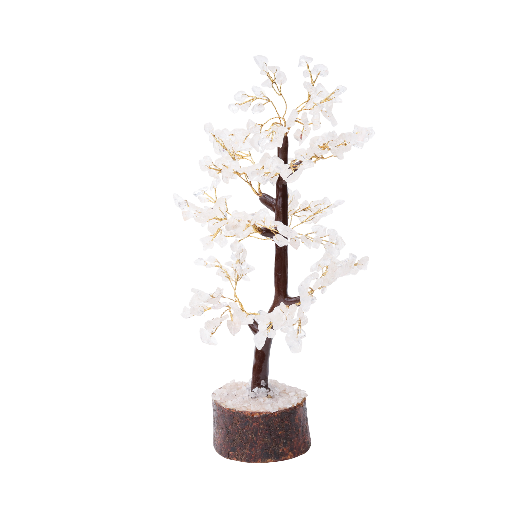 AstroViz white moonstone gemstone chip blossom tree with looping trunk on dark bark wood slice base displayed on blue star-field backgroundAstroViz white moonstone gemstone chip blossom decorative tree with looping trunk gold wire branches and coarse crystal chip dark bark wood base — black background

--1