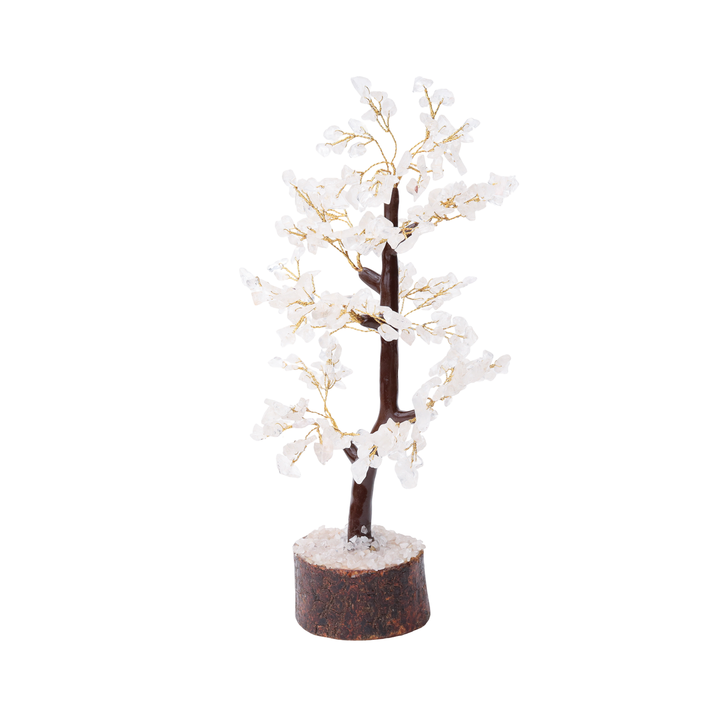 AstroViz white moonstone gemstone chip blossom tree with looping trunk on dark bark wood slice base displayed on blue star-field backgroundAstroViz white moonstone gemstone chip blossom decorative tree with looping trunk gold wire branches and coarse crystal chip dark bark wood base — black background

