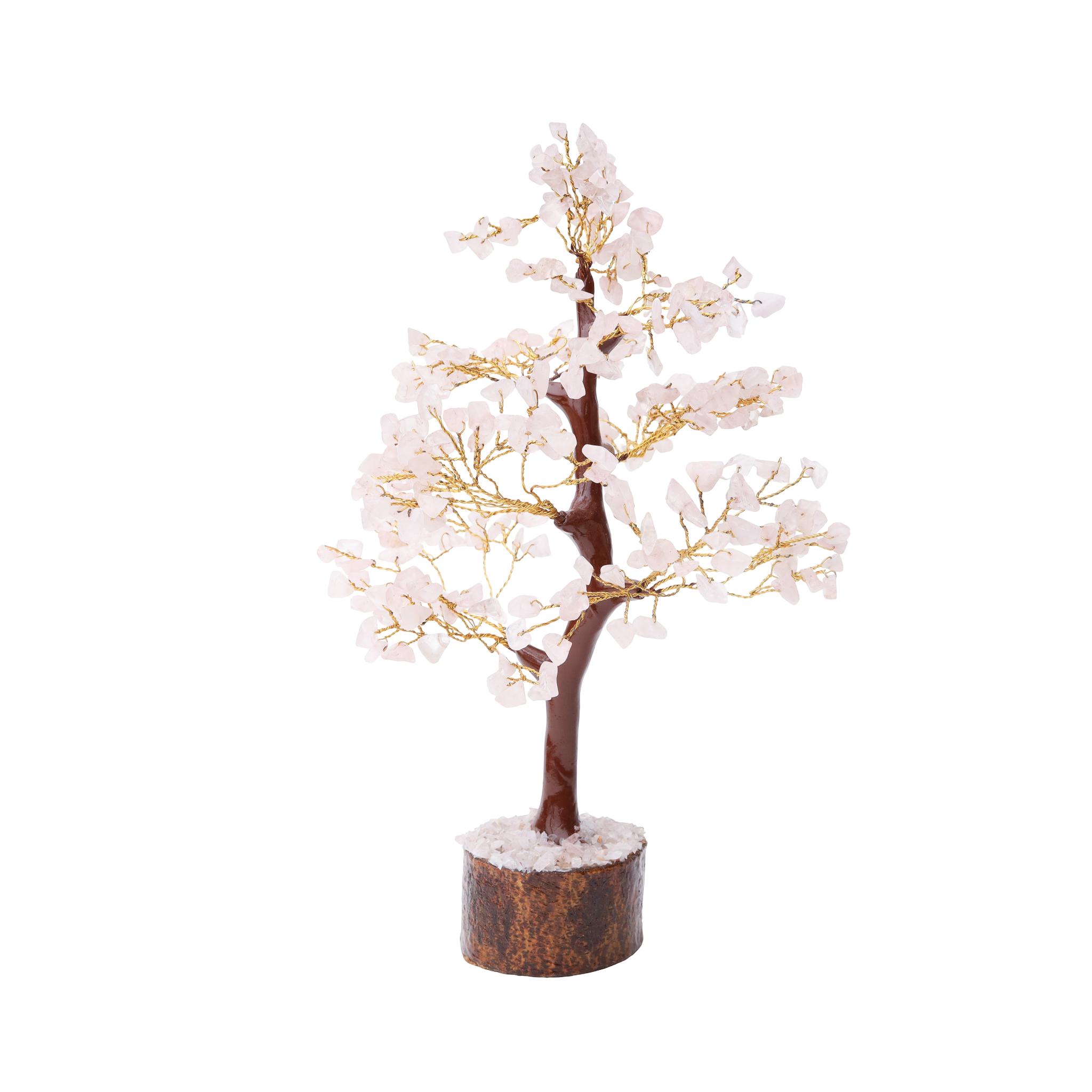 AstroViz Natural Rose Quartz Crystal Tree with soft white pale pink gemstone chips on gold wire branches and wooden log base with white crystal filling black background
--1