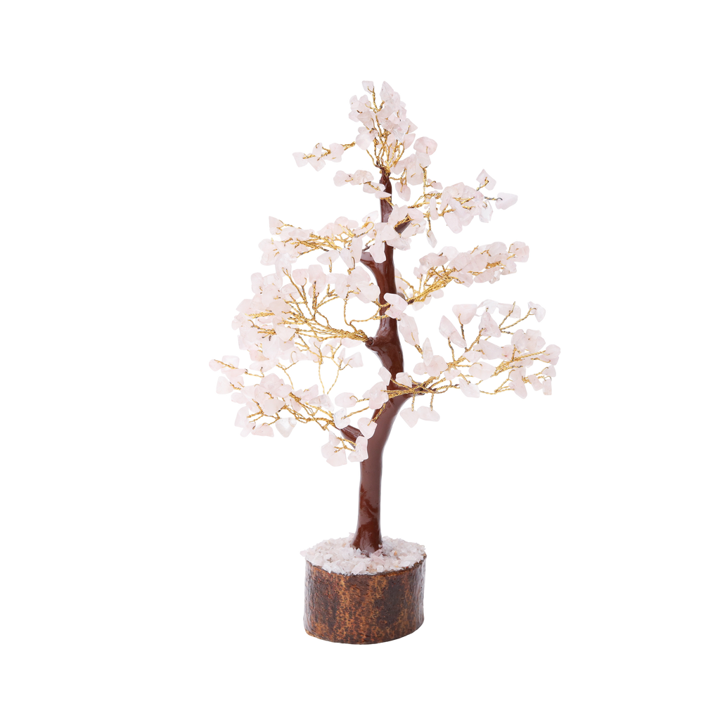 AstroViz Natural Rose Quartz Crystal Tree with soft white pale pink gemstone chips on gold wire branches and wooden log base with white crystal filling black background
