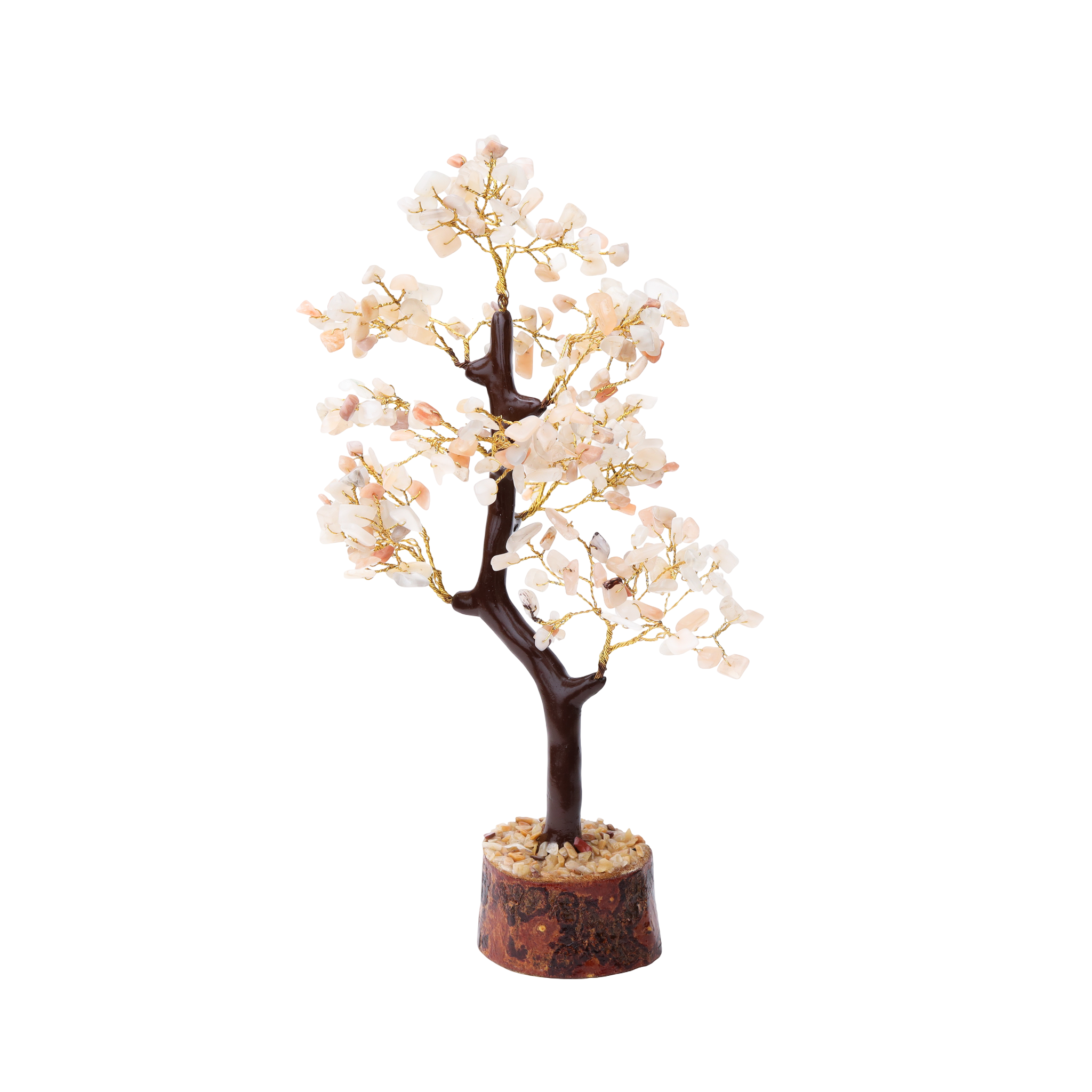 AstroViz rose quartz gemstone chip decorative bonsai tree with gold wire branches and stone chip wood base, black background--1