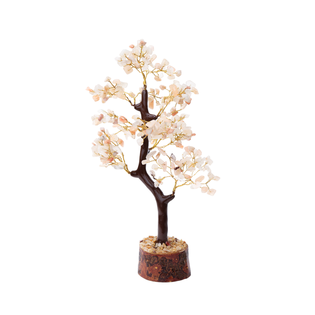 AstroViz rose quartz gemstone chip decorative bonsai tree with gold wire branches and stone chip wood base, black background
