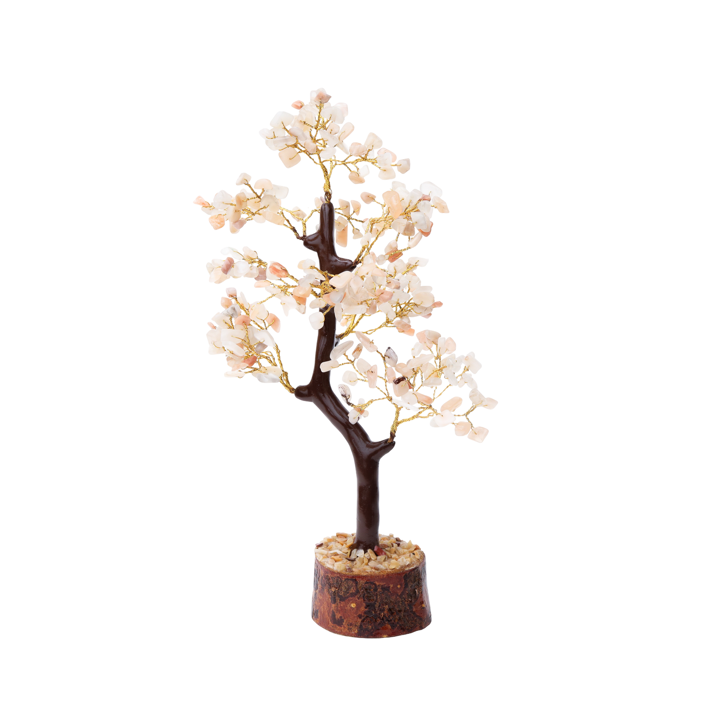 AstroViz rose quartz gemstone chip decorative bonsai tree with gold wire branches and stone chip wood base, black background