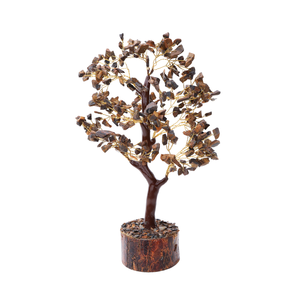 Handcrafted Tiger's Eye gemstone tree on a wooden base.