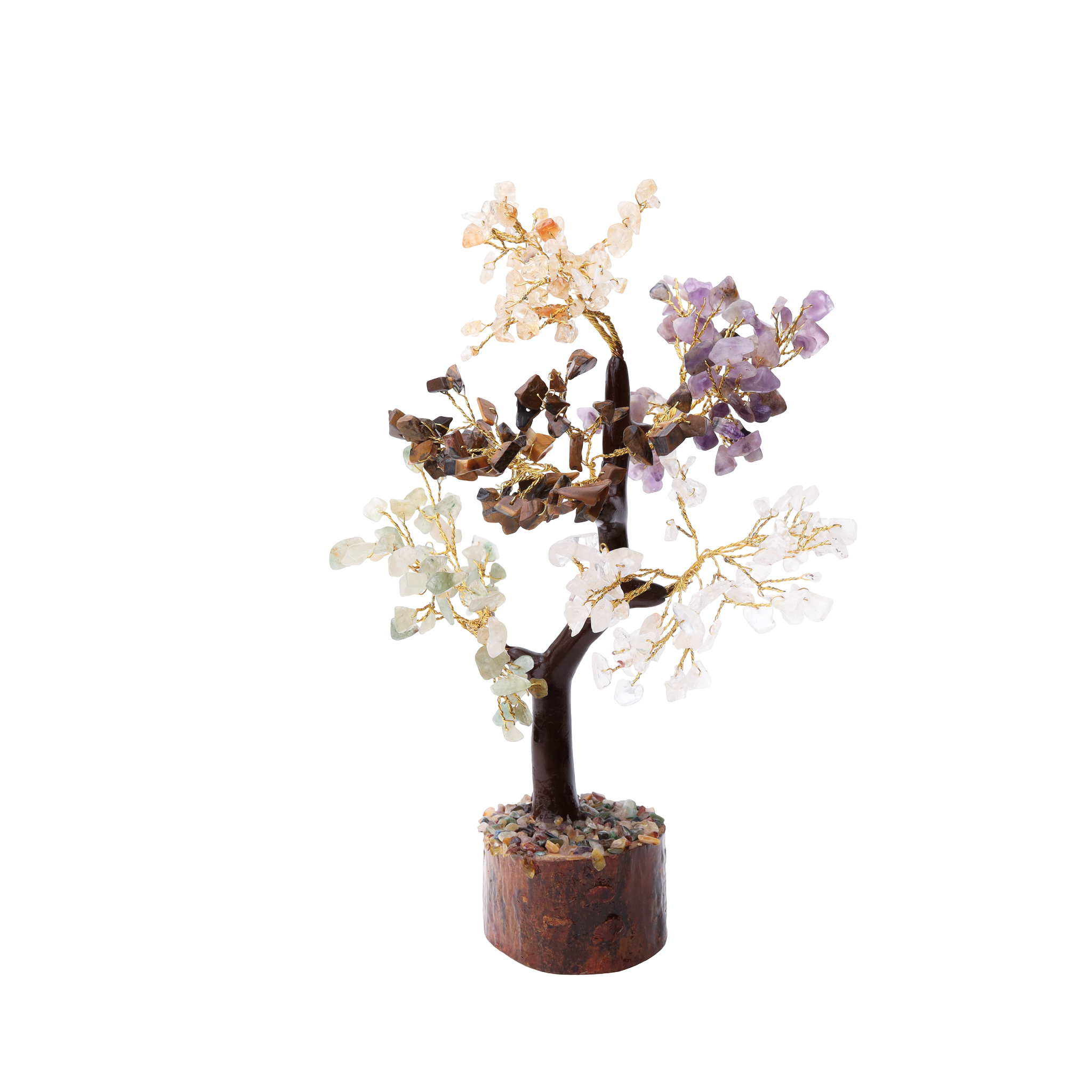 AstroViz 4 stone multi-colour gemstone chip decorative tree with citrine, amethyst, tiger's eye and rose quartz clusters on gold wire, black background--1