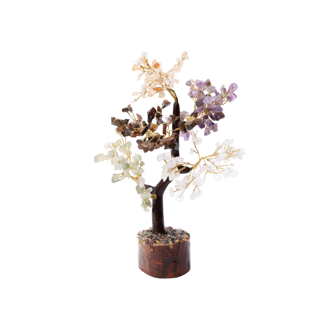 AstroViz 4 stone multi-colour gemstone chip decorative tree with citrine, amethyst, tiger's eye and rose quartz clusters on gold wire, black background
