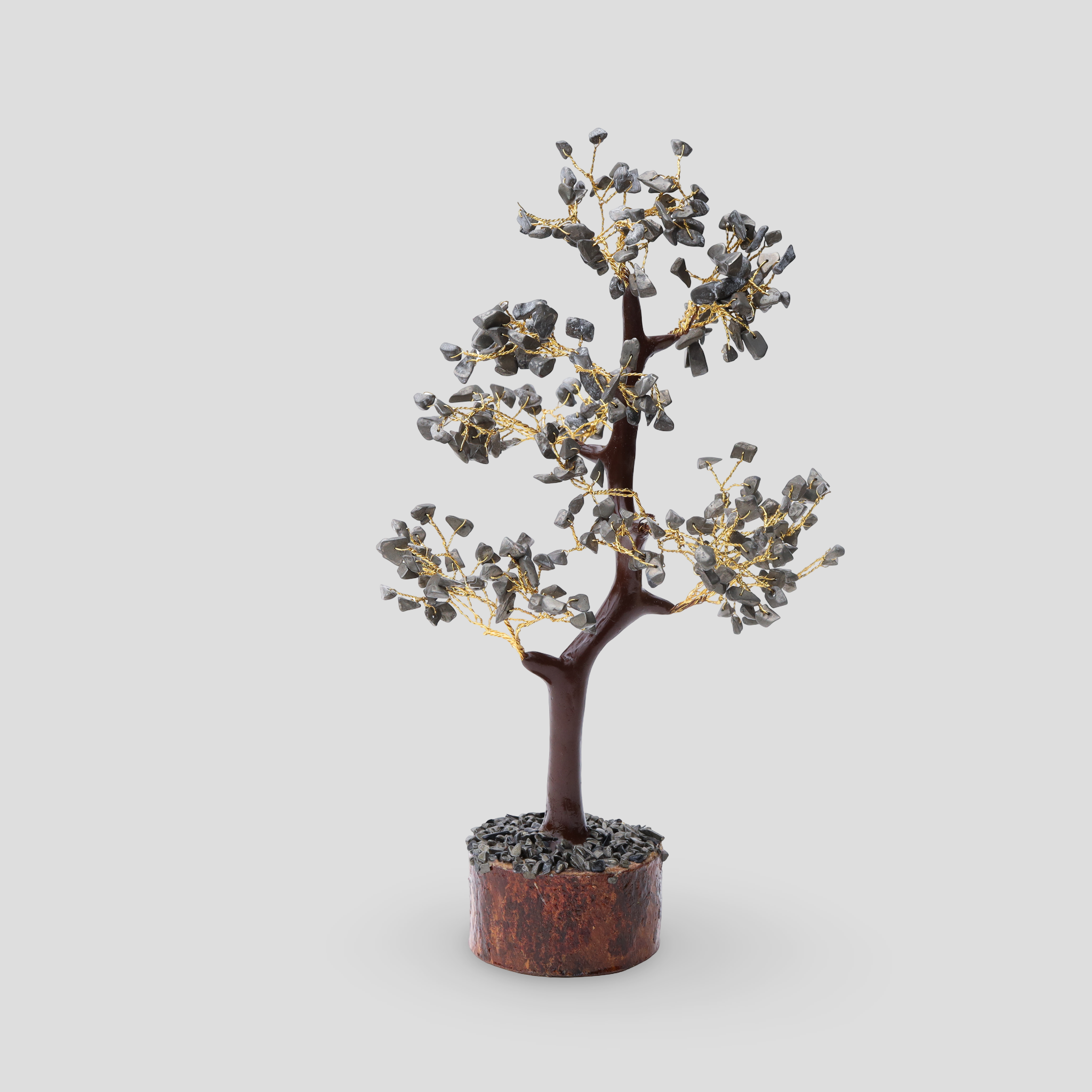 AstroViz handcrafted Labradorite gemstone decorative tree with slate grey stone chips on gold-toned copper wire — clean light grey studio background
--2