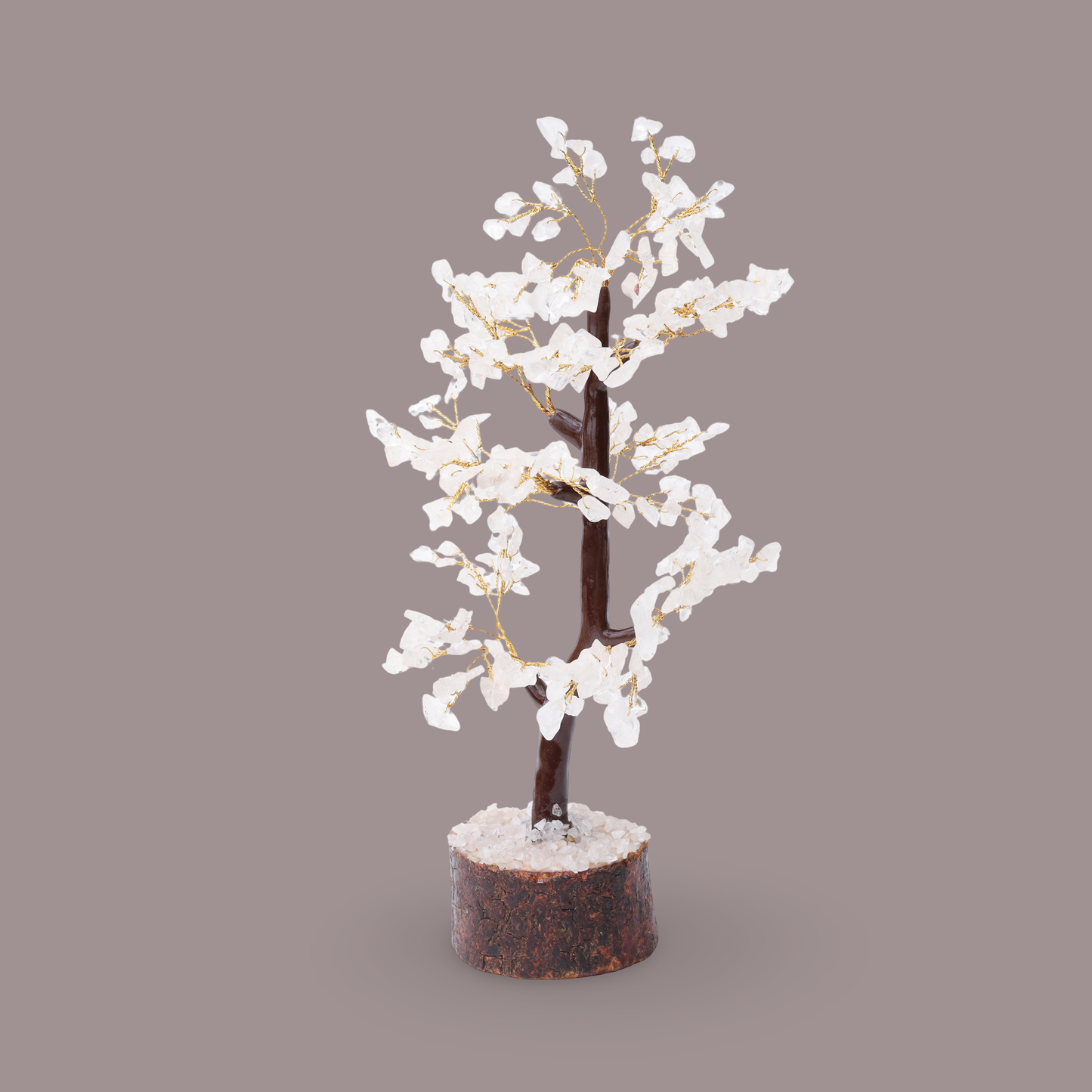 AstroViz natural white moonstone petal chip blossom tree with gold wire open branches and sculptural looping trunk on dark bark wood base — warm grey background
