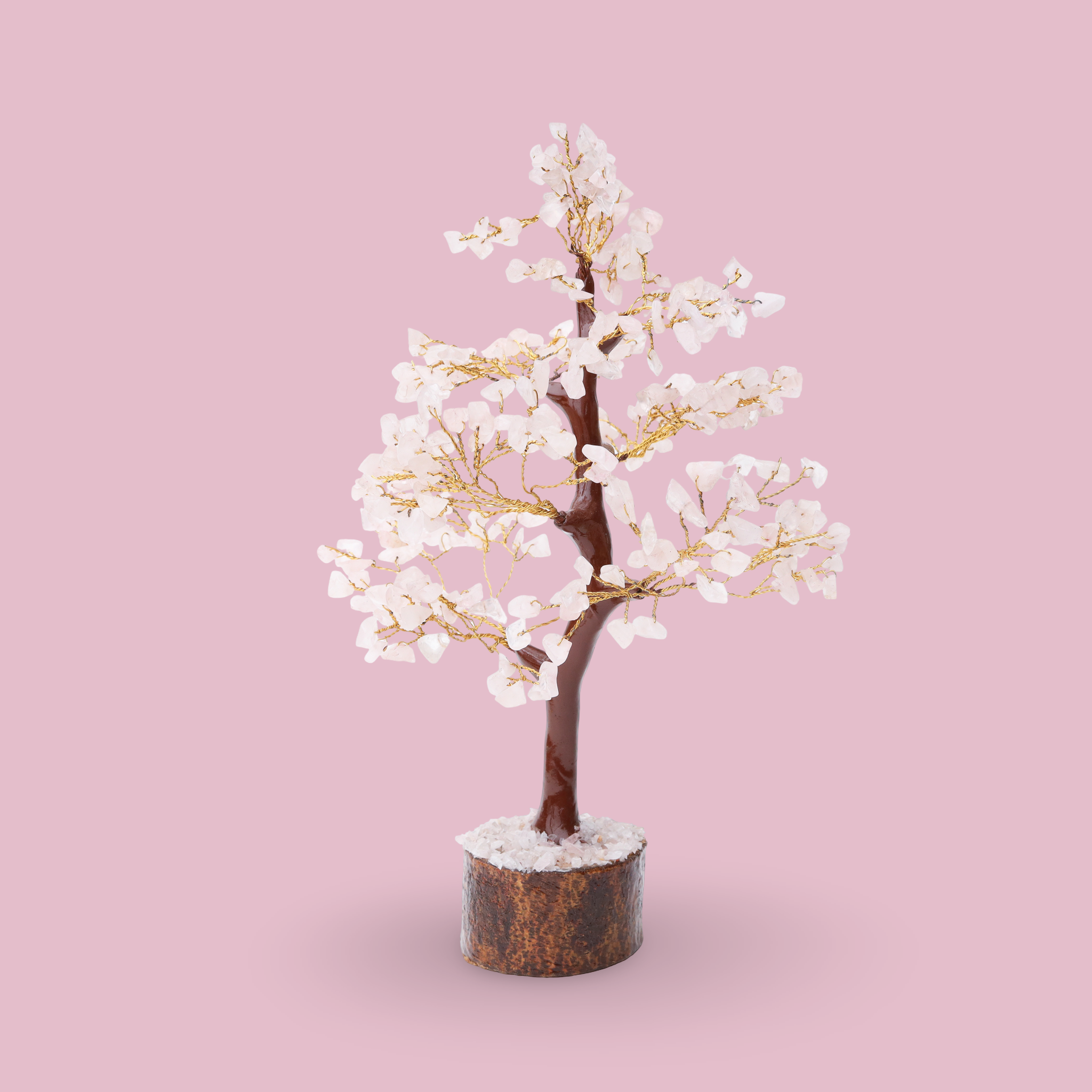 AstroViz natural soft blush pink rose quartz chip blossom tree with gold wire broadly spreading full canopy on dark bark wood base, soft pink background--2