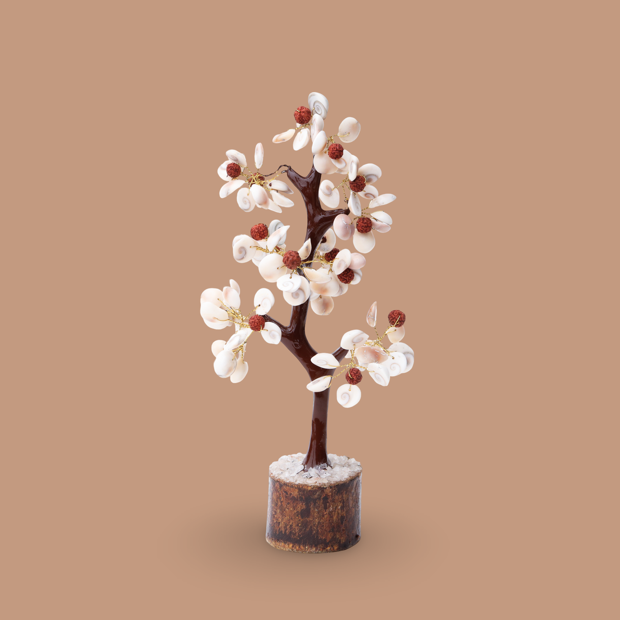 AstroViz cowrie shell and Rudraksha bead open blossom decorative tree with gold wire branches on dark bark wood log base, warm beige background--2