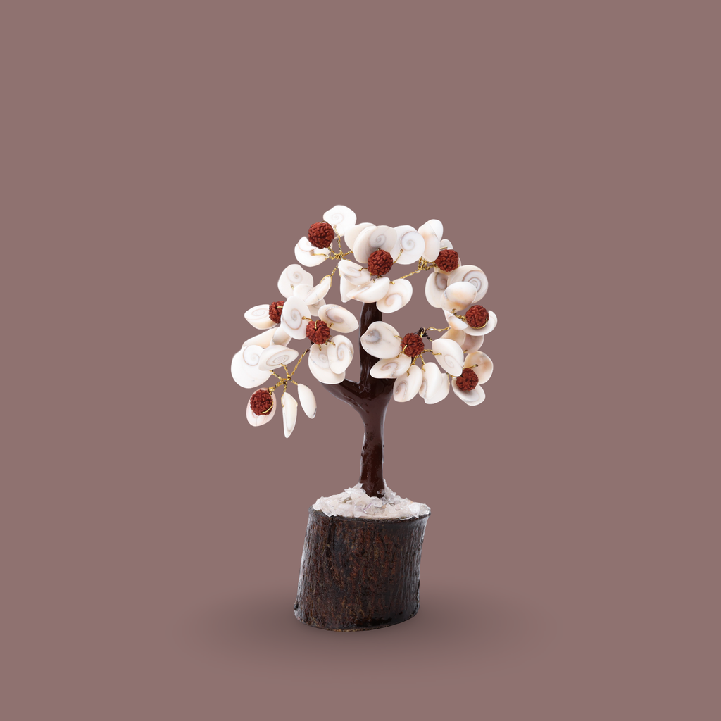 Cowrie shell decorative tree with rudraksha beads on wooden base by AstroViz