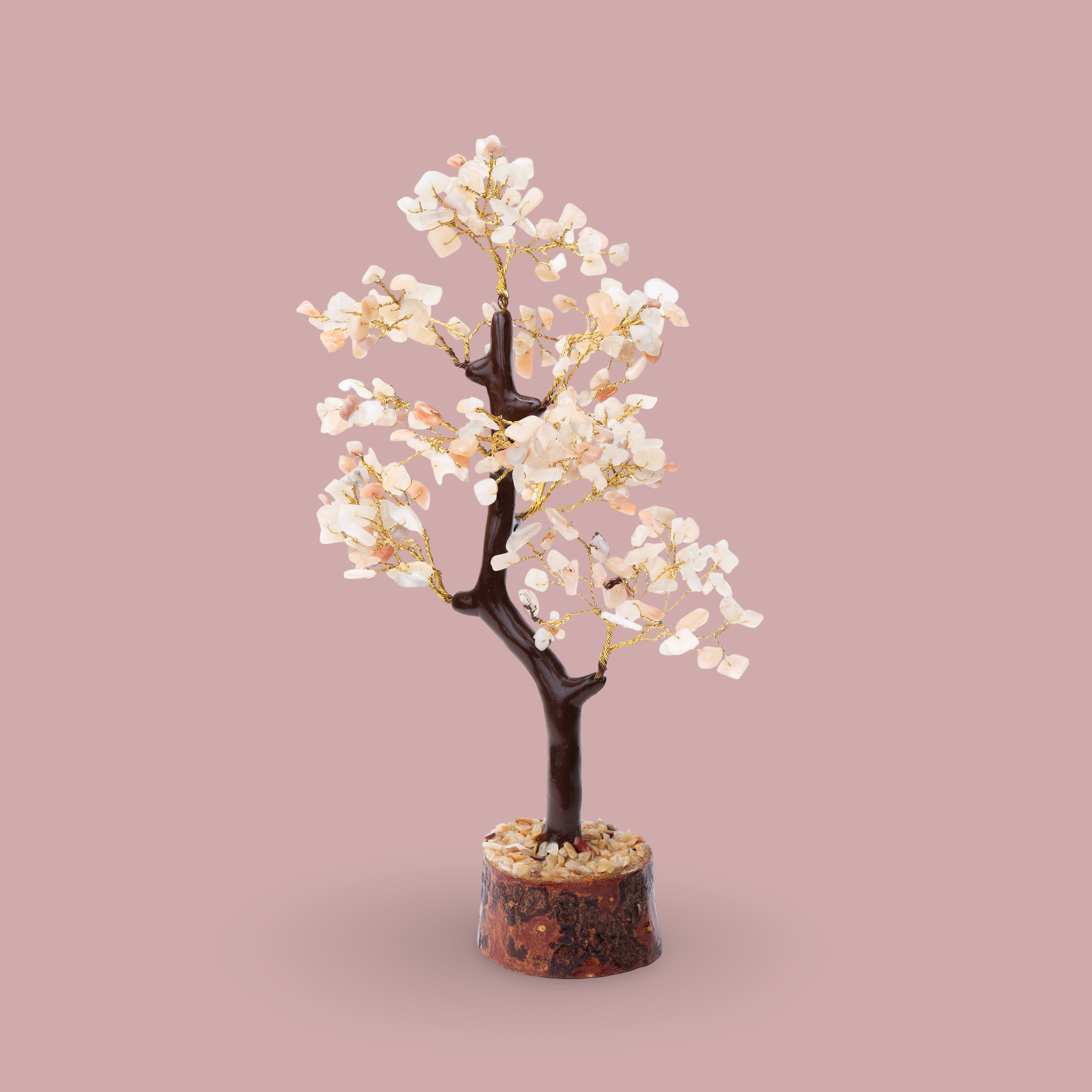 AstroViz natural blush pink rose quartz chip tree with twisted gold wire and wood slice base, dusty pink background--2