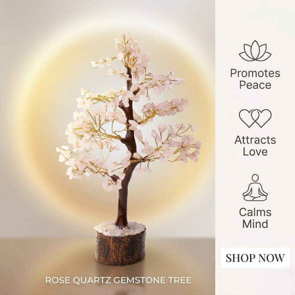 Natural rose quartz chip tree on wooden log soft pink background product shot
--9
