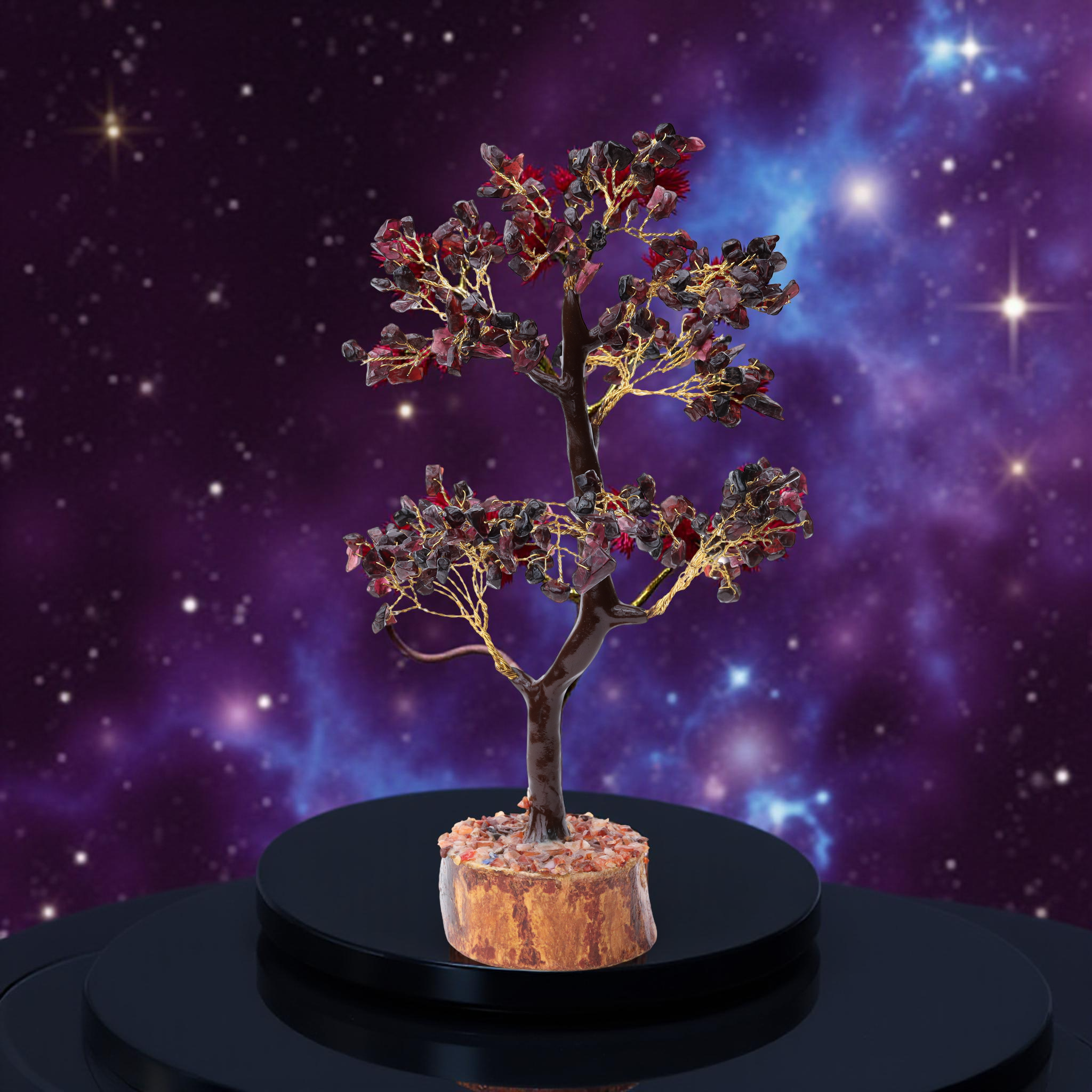 AstroViz garnet gemstone chip decorative tree displayed on black lacquer platform with purple galaxy star background--2
