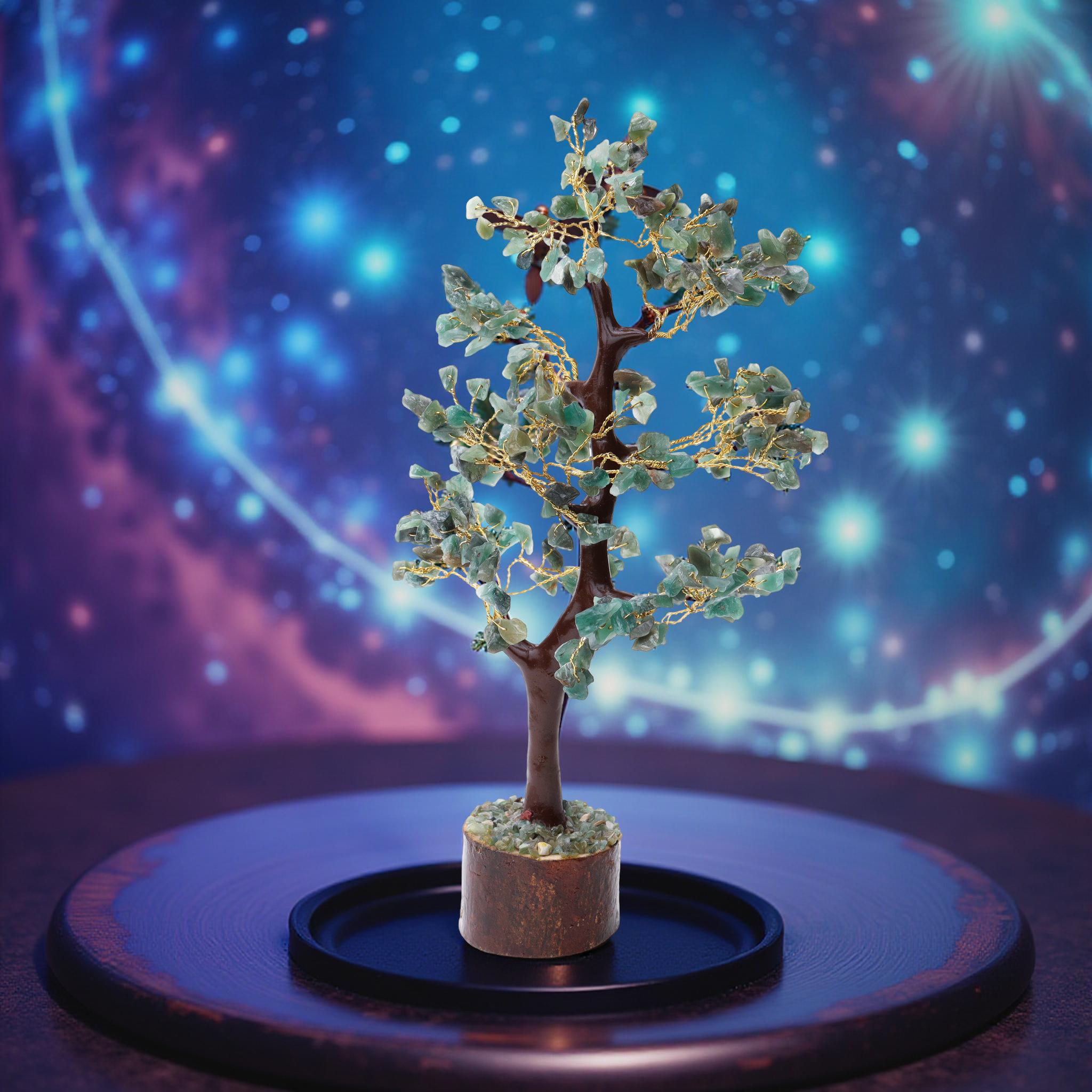 AstroViz Green Aventurine crystal tree with mint green gemstone chips displayed on black platform against a blue and purple cosmic galaxy background
--4
