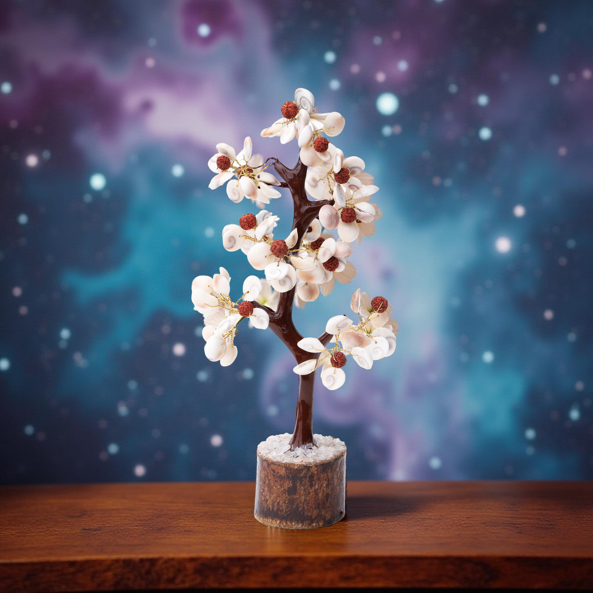 AstroViz cowrie shell and Rudraksha decorative tree on dark bark wood log base displayed on wooden surface with galaxy star background--3