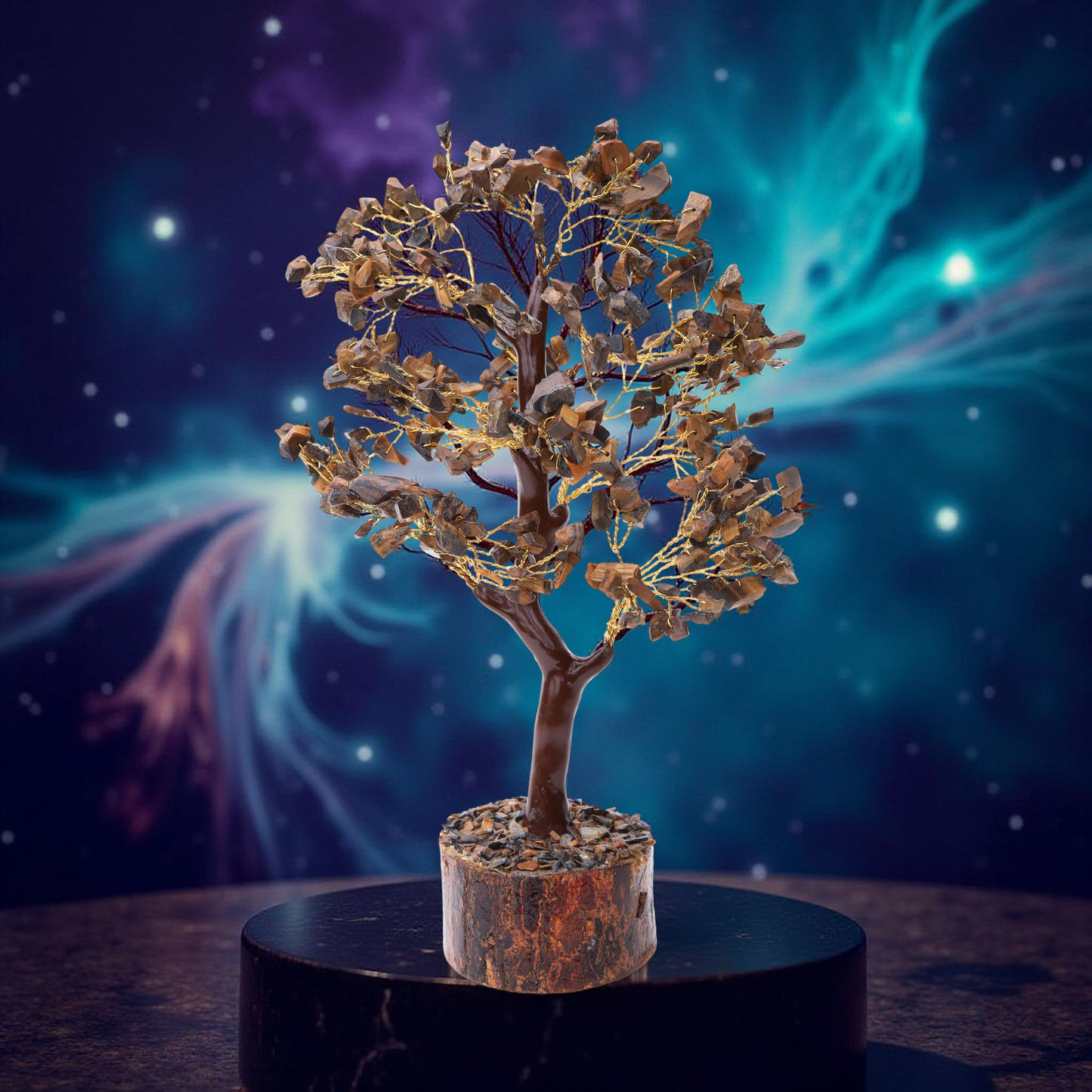 AstroViz Tiger's Eye gemstone tree on a dark pedestal with galaxy background.