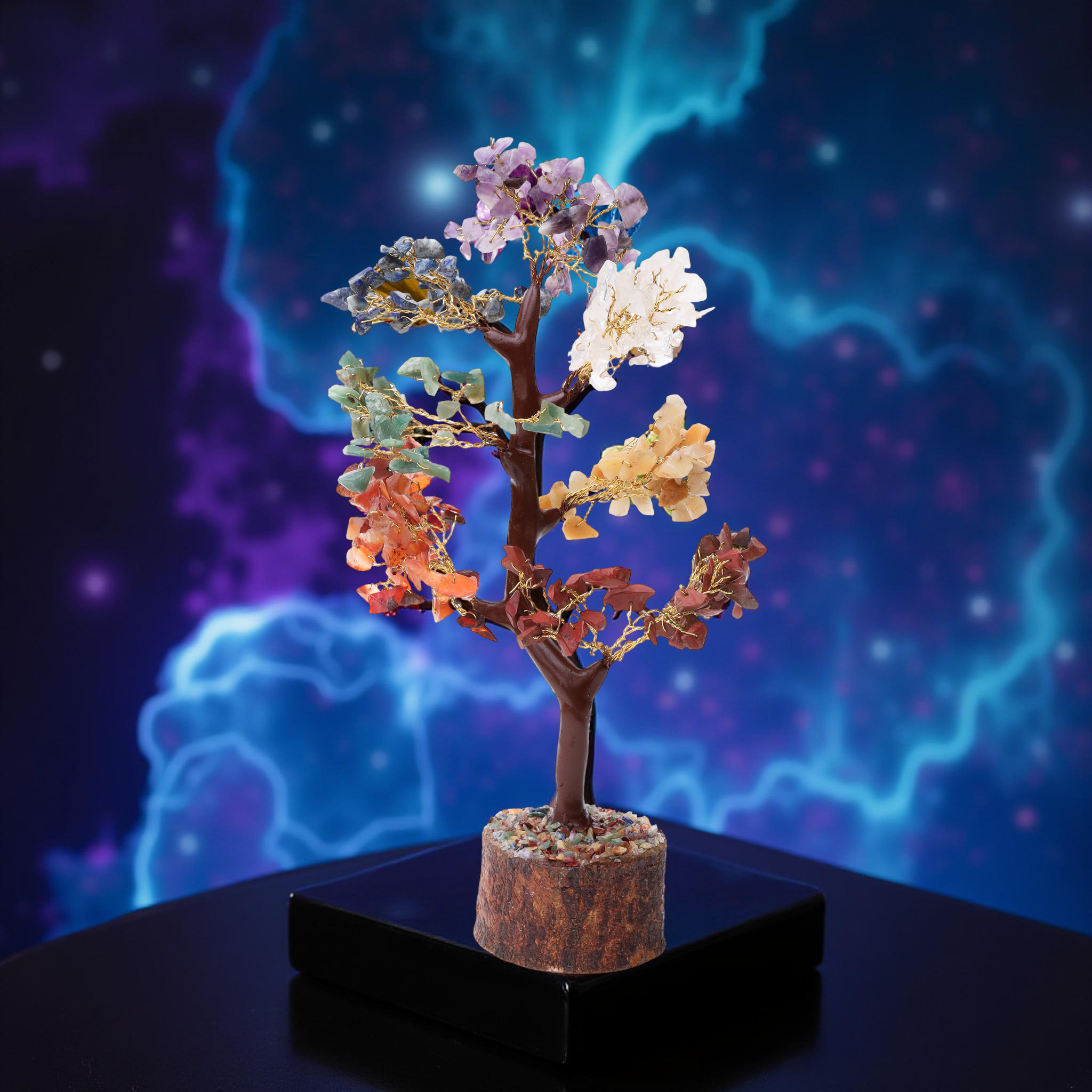 AstroViz handcrafted 7 Chakra gemstone tree with multi-colored crystal chips and gold wire branches.--2