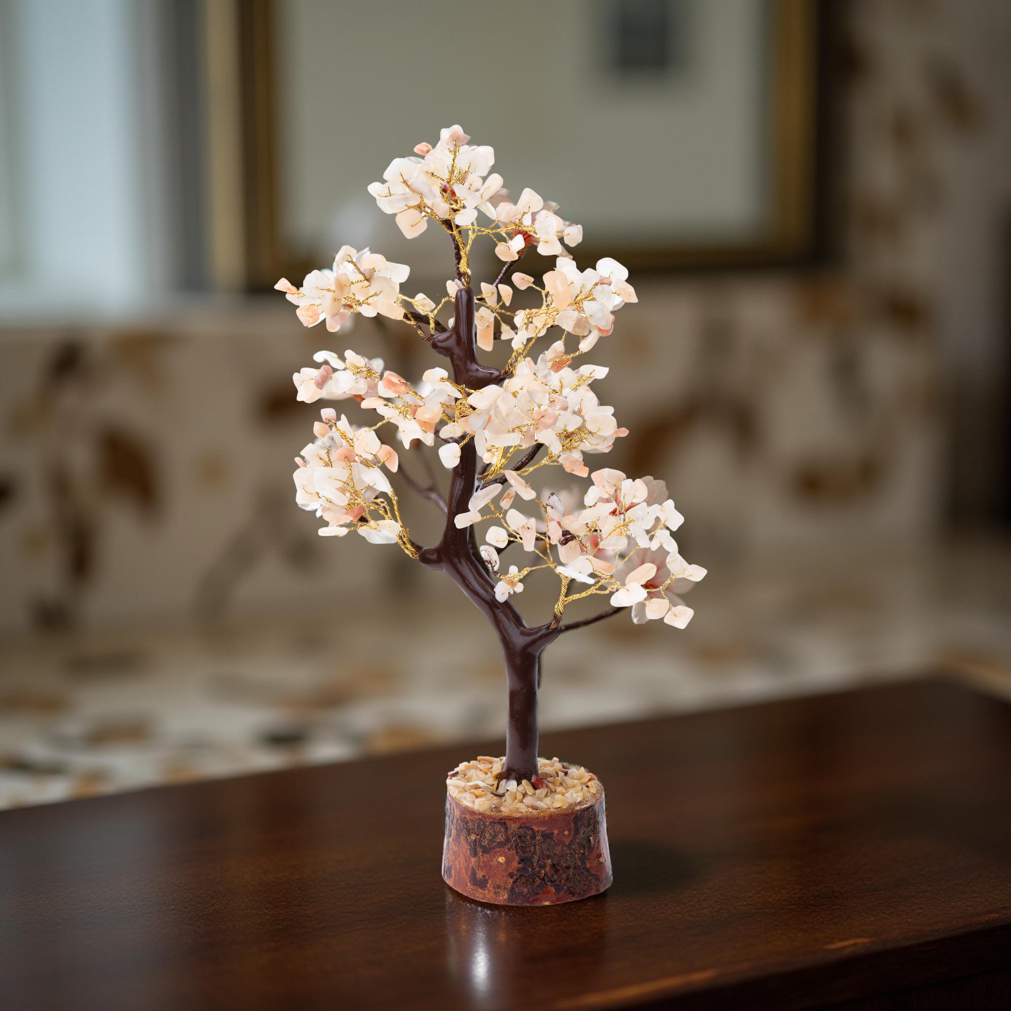 AstroViz handcrafted rose quartz chip tree on dark lacquered multi-branch trunk displayed on wooden dining table, classic interior background--3