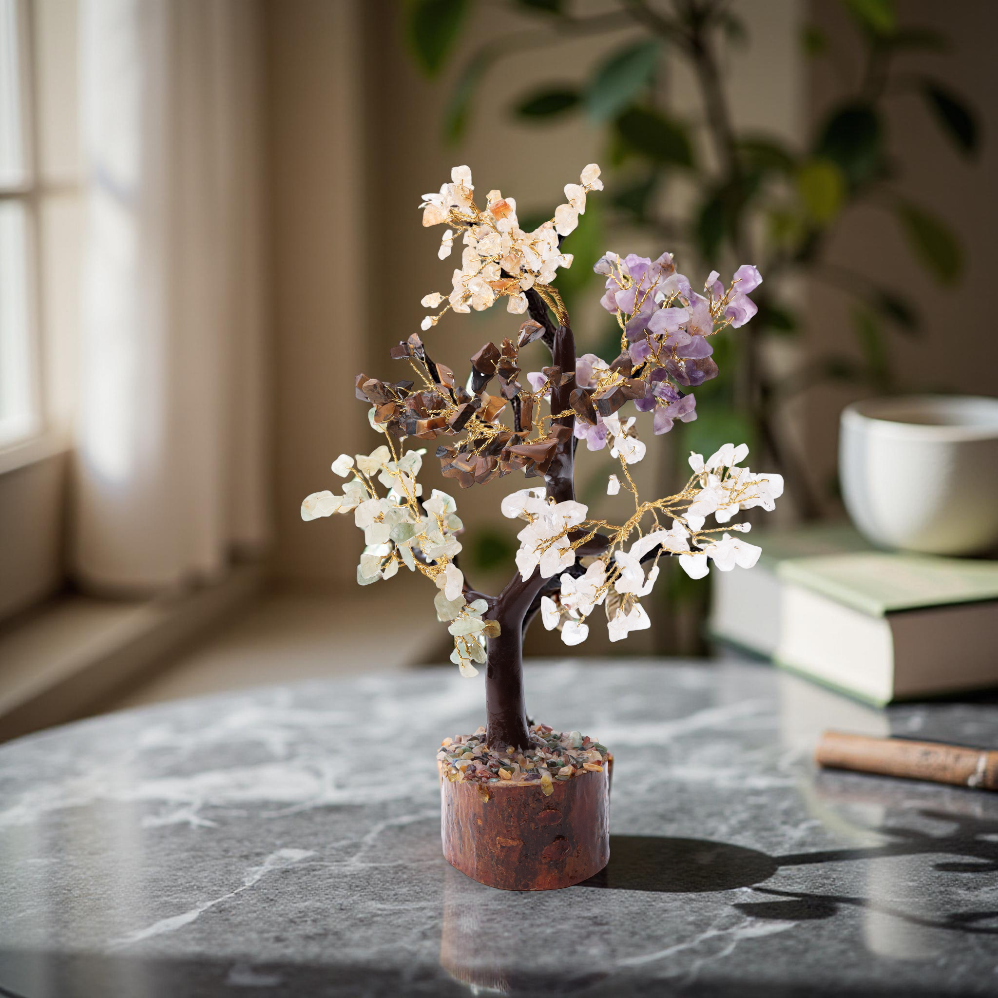 AstroViz four stone gemstone decorative tree displayed on grey marble tabletop with indoor plant background--4