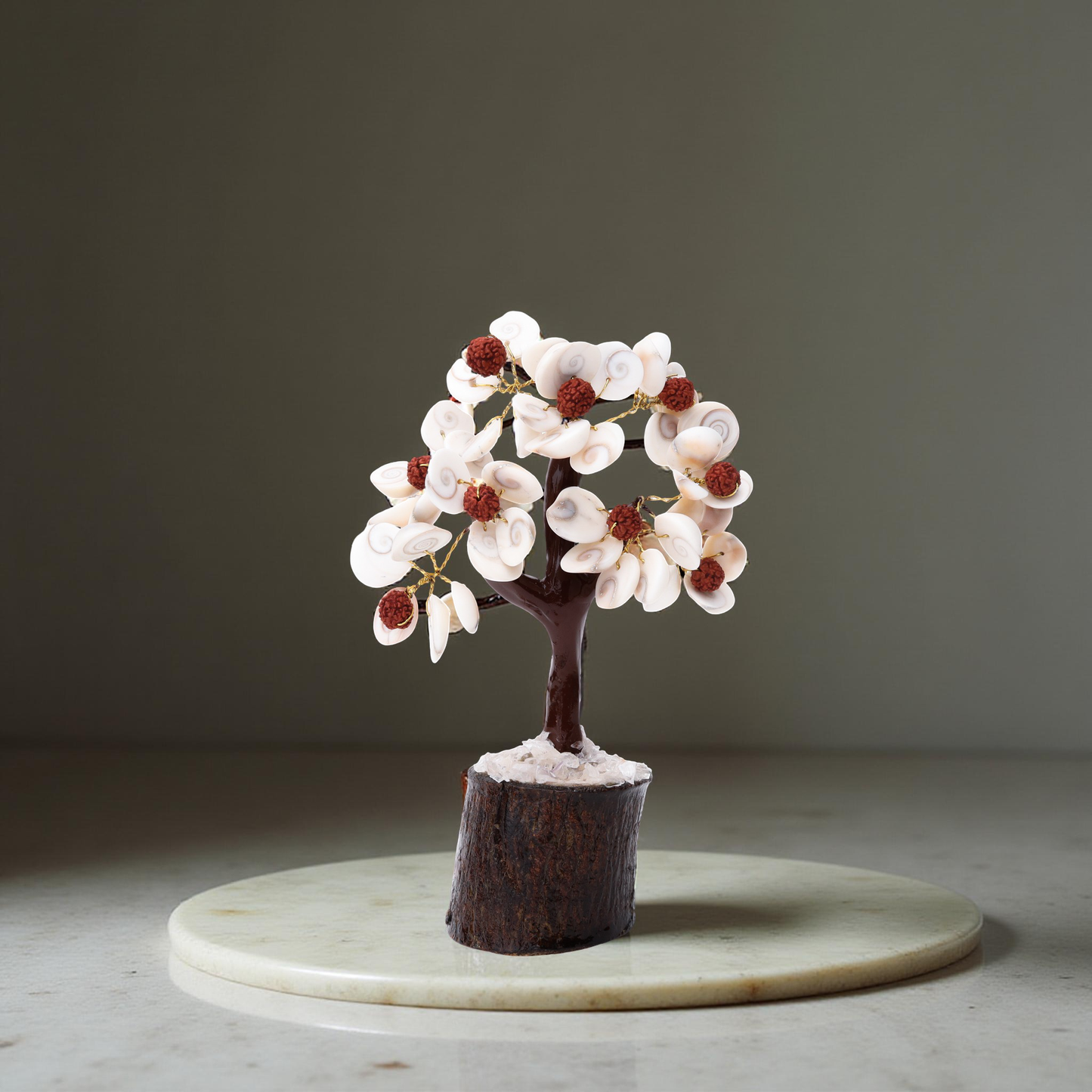 Handmade Cowrie Shell & Rudraksha Tabletop Decorative Tree by AstroViz with Natural Wood Base
