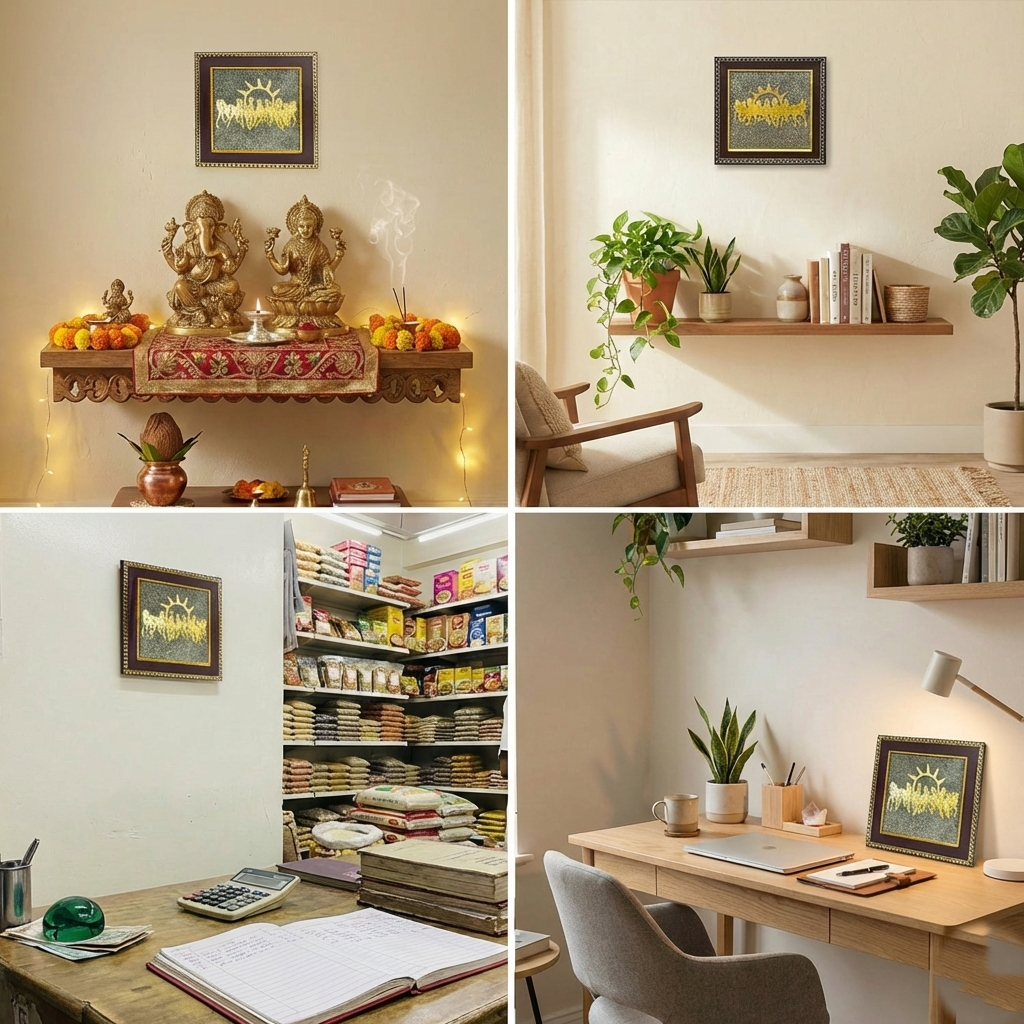 7 Horses Pyrite Frame in 4 different settings - prayer room, living room, business office, home workspace Vastu placement examples