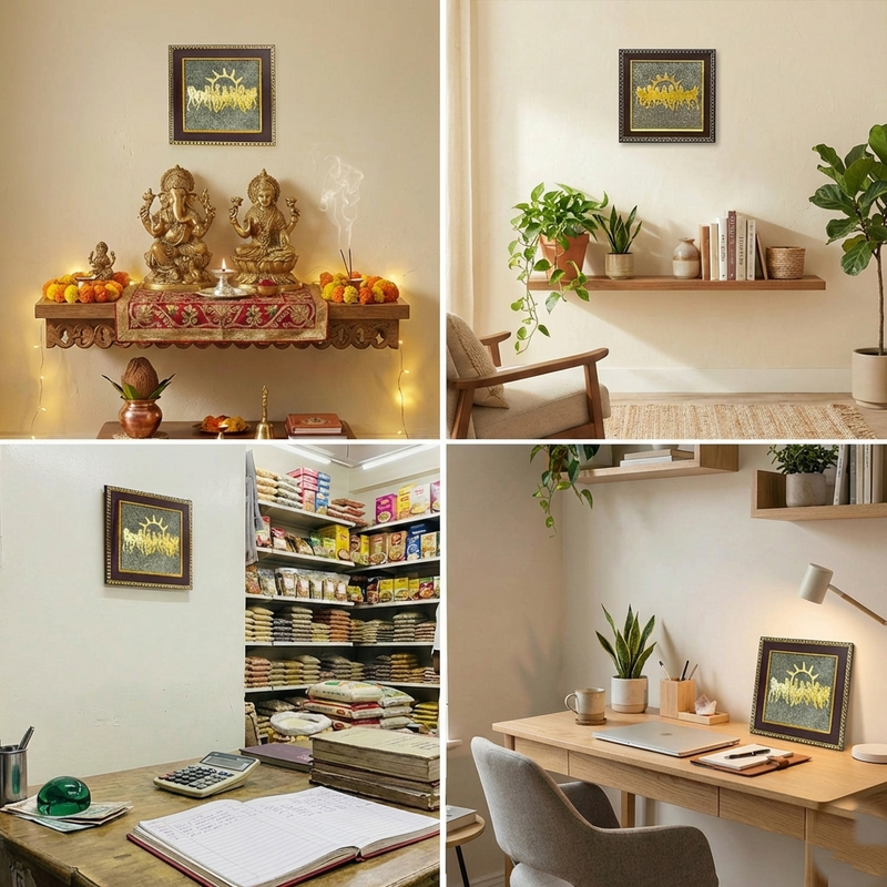 7 Horses Pyrite Frame in 4 different settings - prayer room, living room, business office, home workspace Vastu placement examples--6