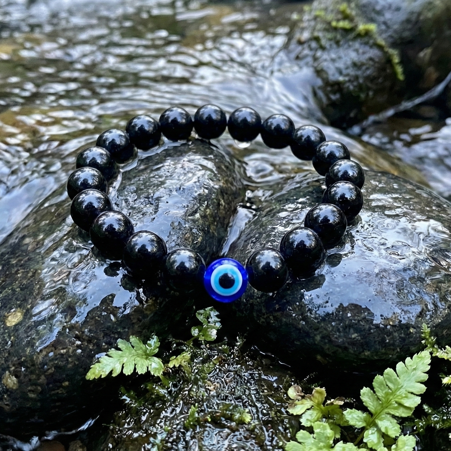 Black Tourmaline Protection Bracelet with Evil Eye Charm--3