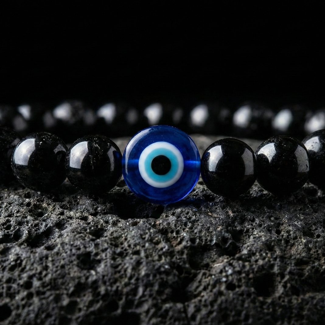 Black Tourmaline Protection Bracelet with Evil Eye Charm--2