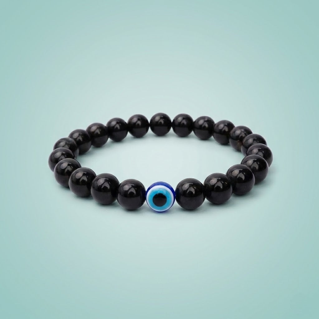 Black Tourmaline Protection Bracelet with Evil Eye Charm