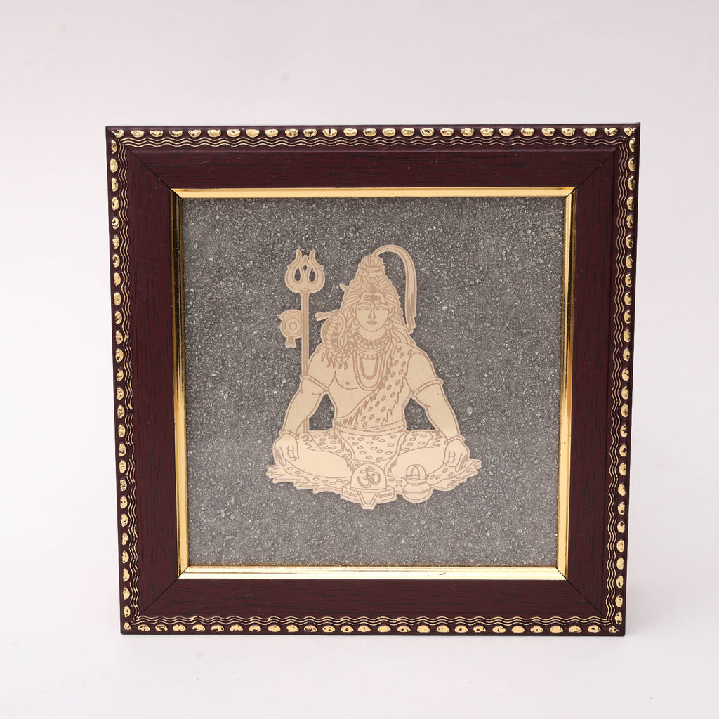 AstroViz Sri Yantra gold-tone laser-cut motif on textured grey stone chip background in dark brown ornate embossed wooden frame.