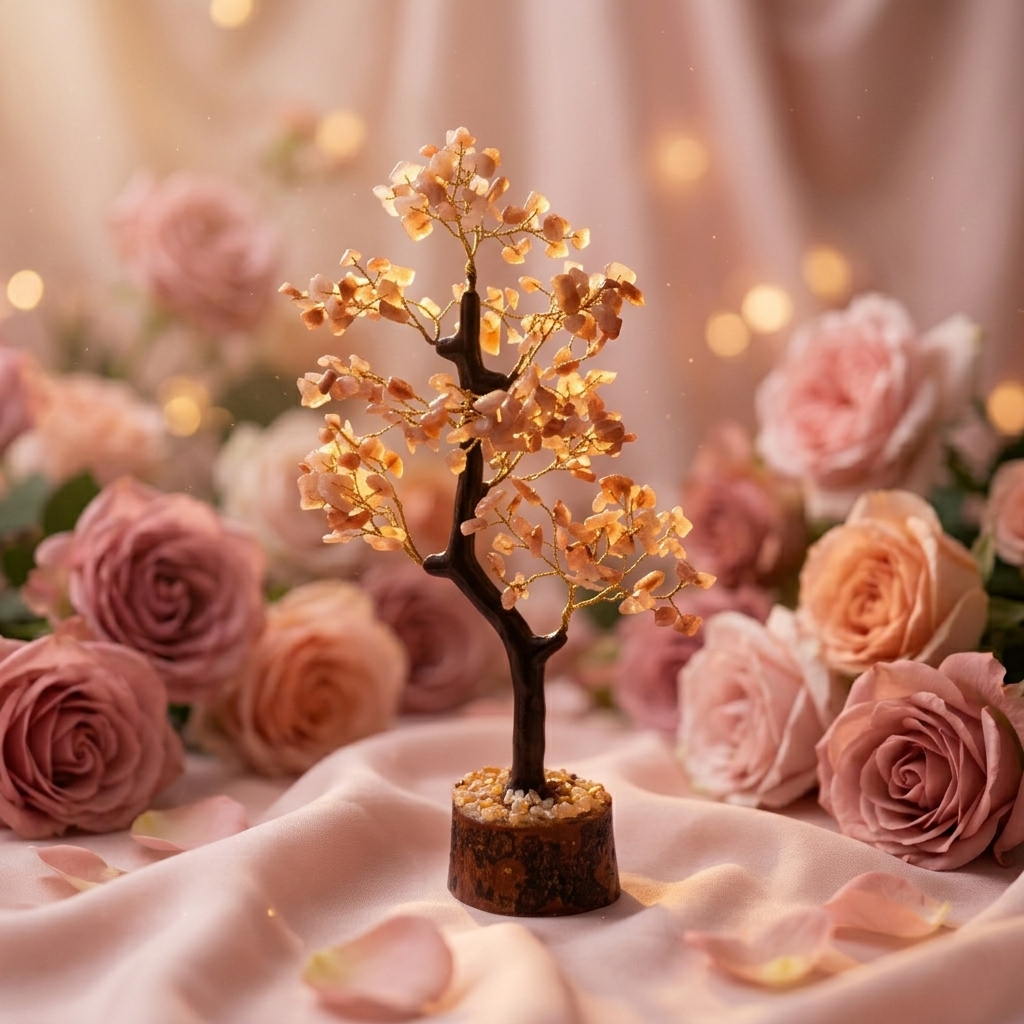 Rose quartz and aventurine gemstone chip tree on wooden log base
--7