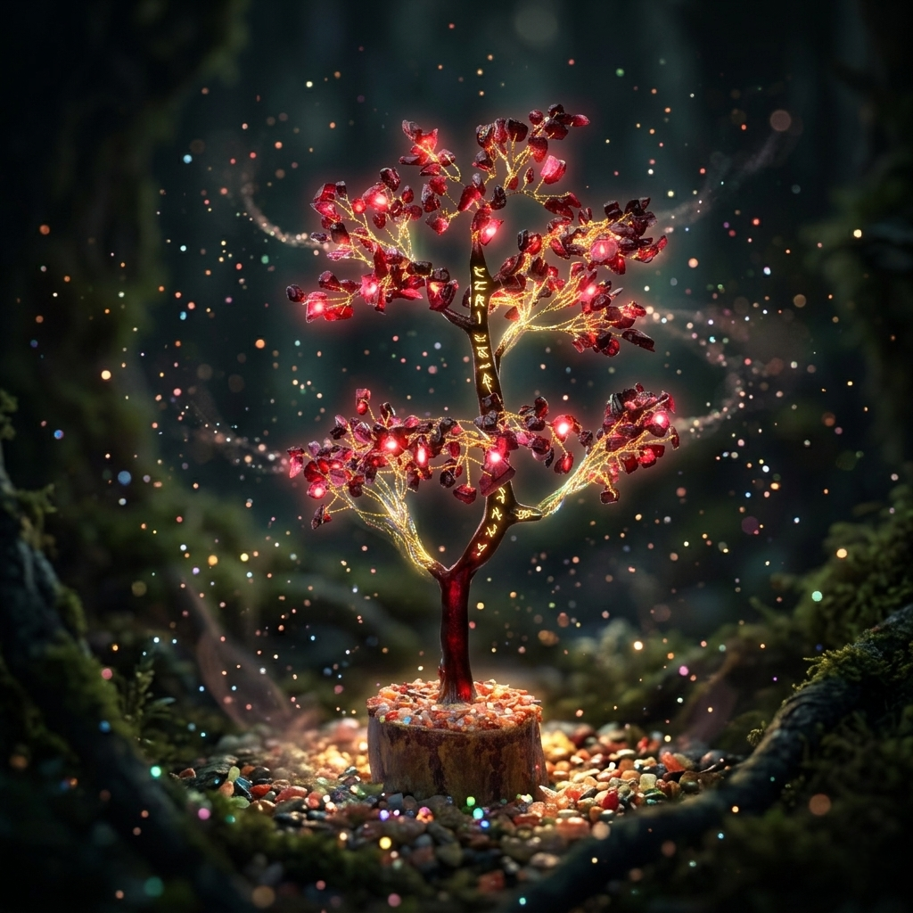 Red garnet crystal chip tree with gold wire on rustic wooden log base
