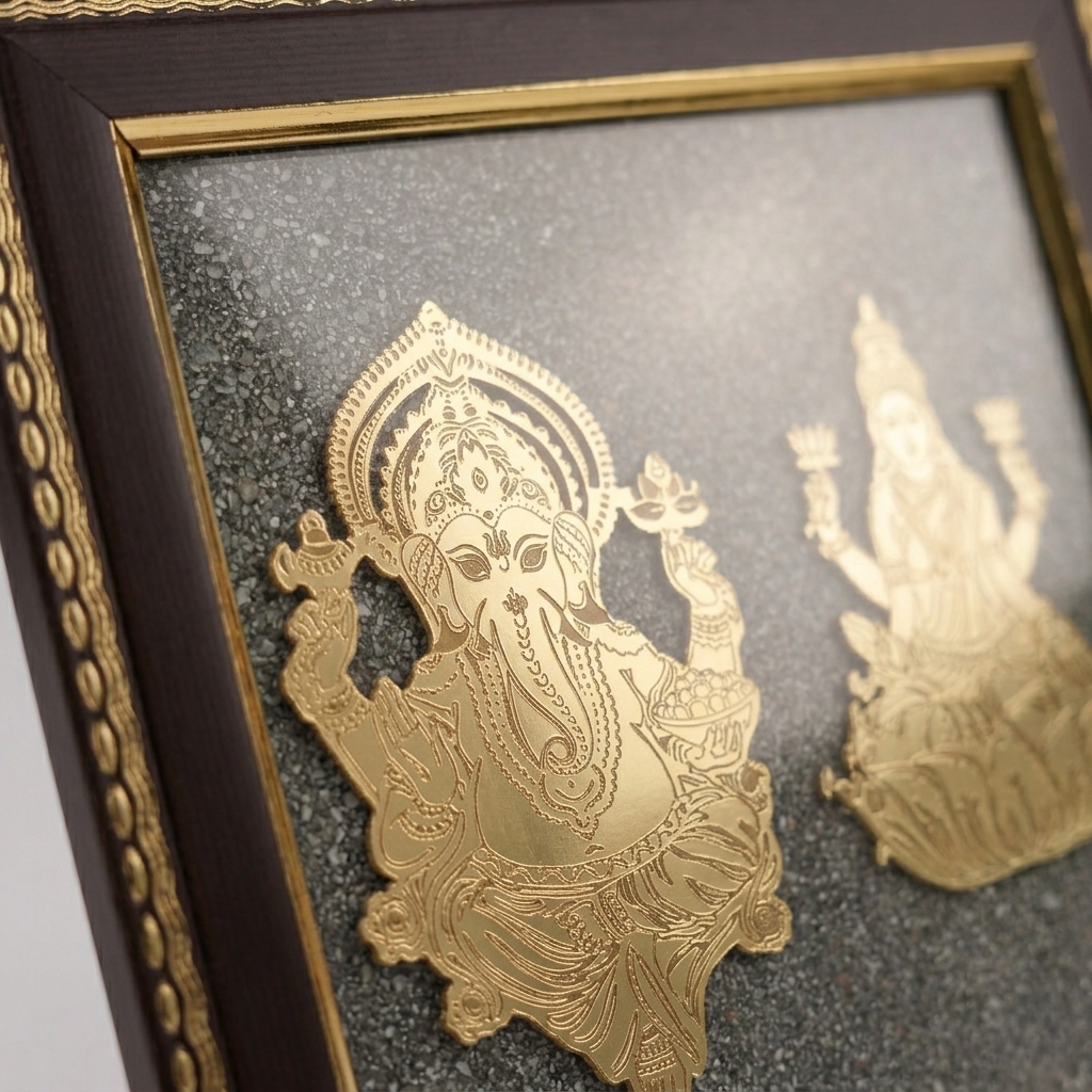 Gold deity artwork on stone texture background