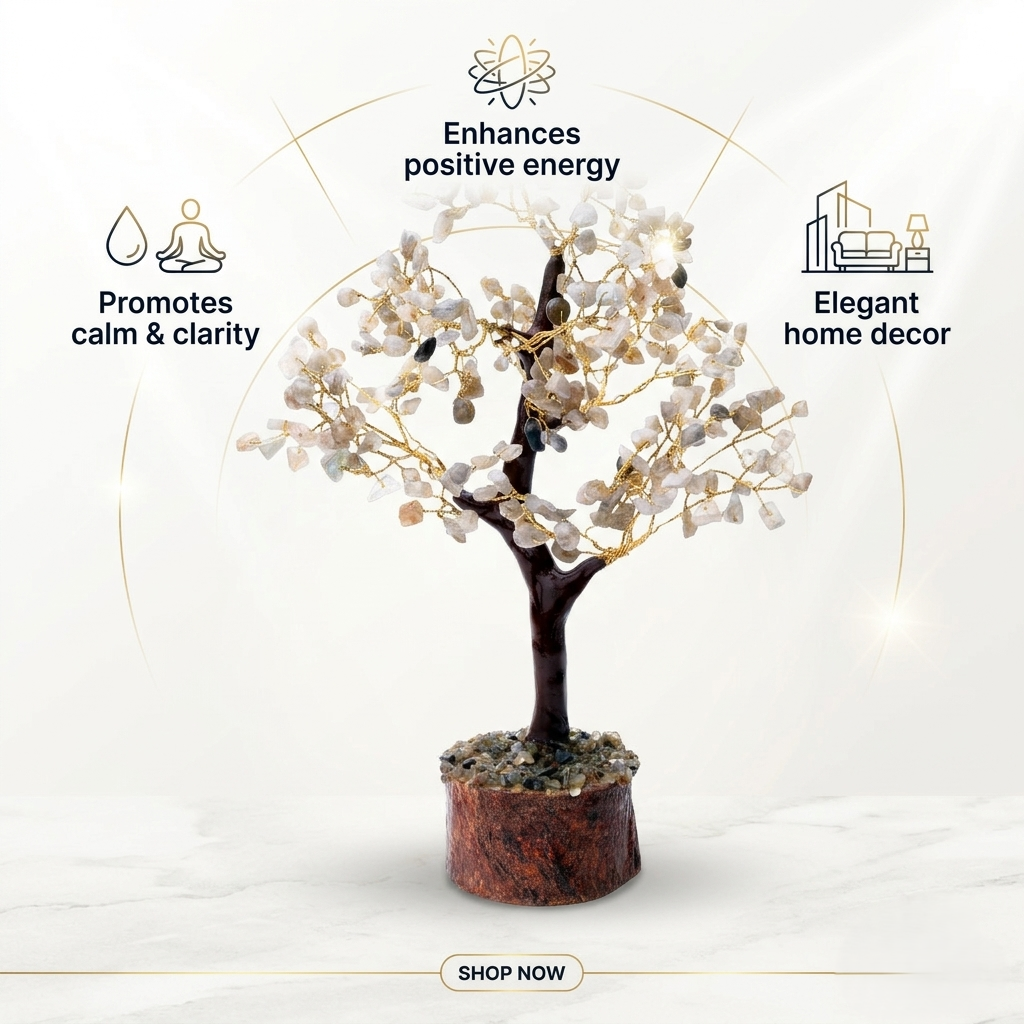 Clear quartz crystal chip tree with gold wire on wooden log base
