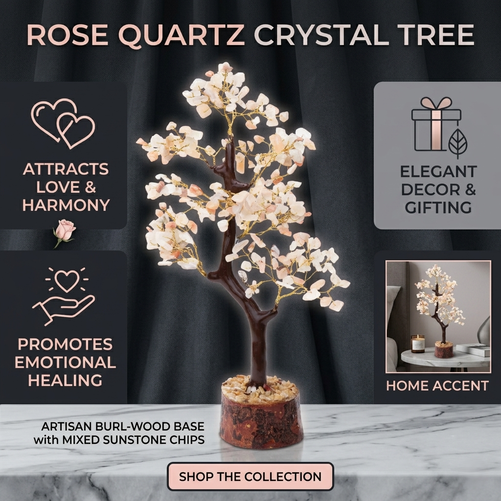 Handcrafted pink crystal wish tree with gold wire on rustic wood stump
--8
