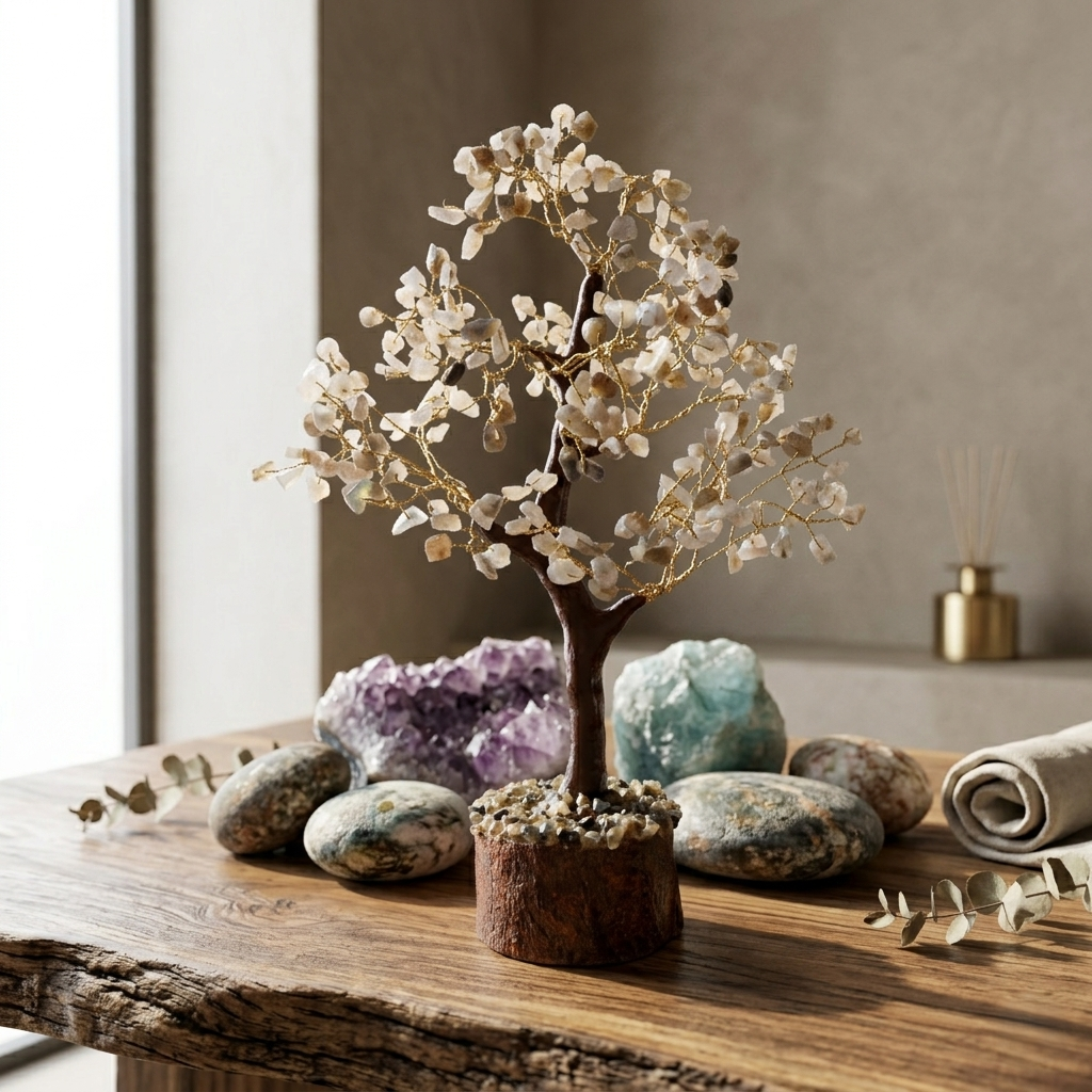 White moonstone gemstone wish tree on rustic wood stump with amethyst cluster
