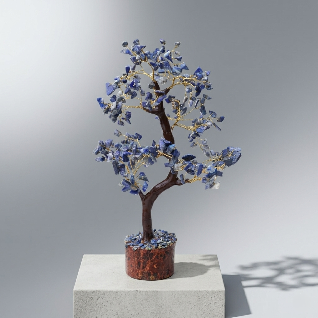 Lapis lazuli gemstone chip tree with gold wire branches on wooden base
--6