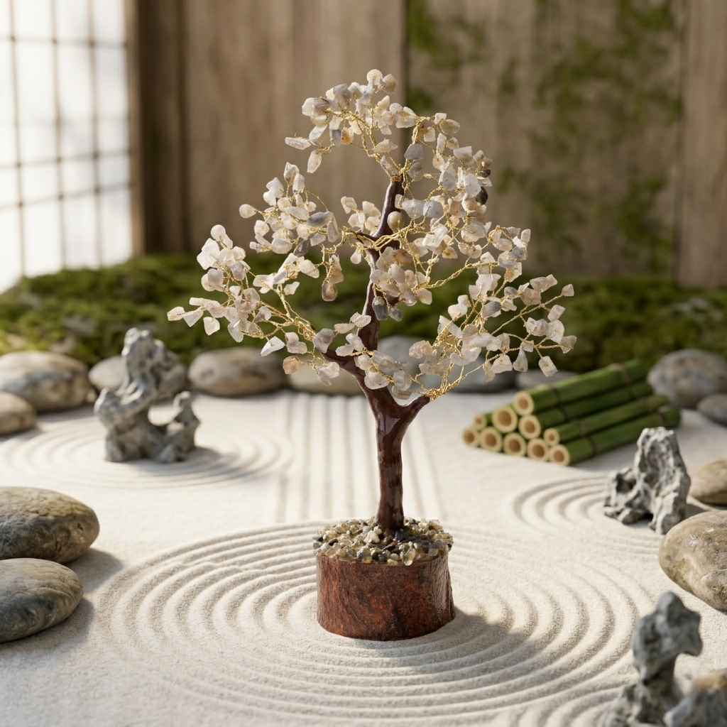 Handcrafted clear crystal tree on wooden base with healing stones arrangement
--7